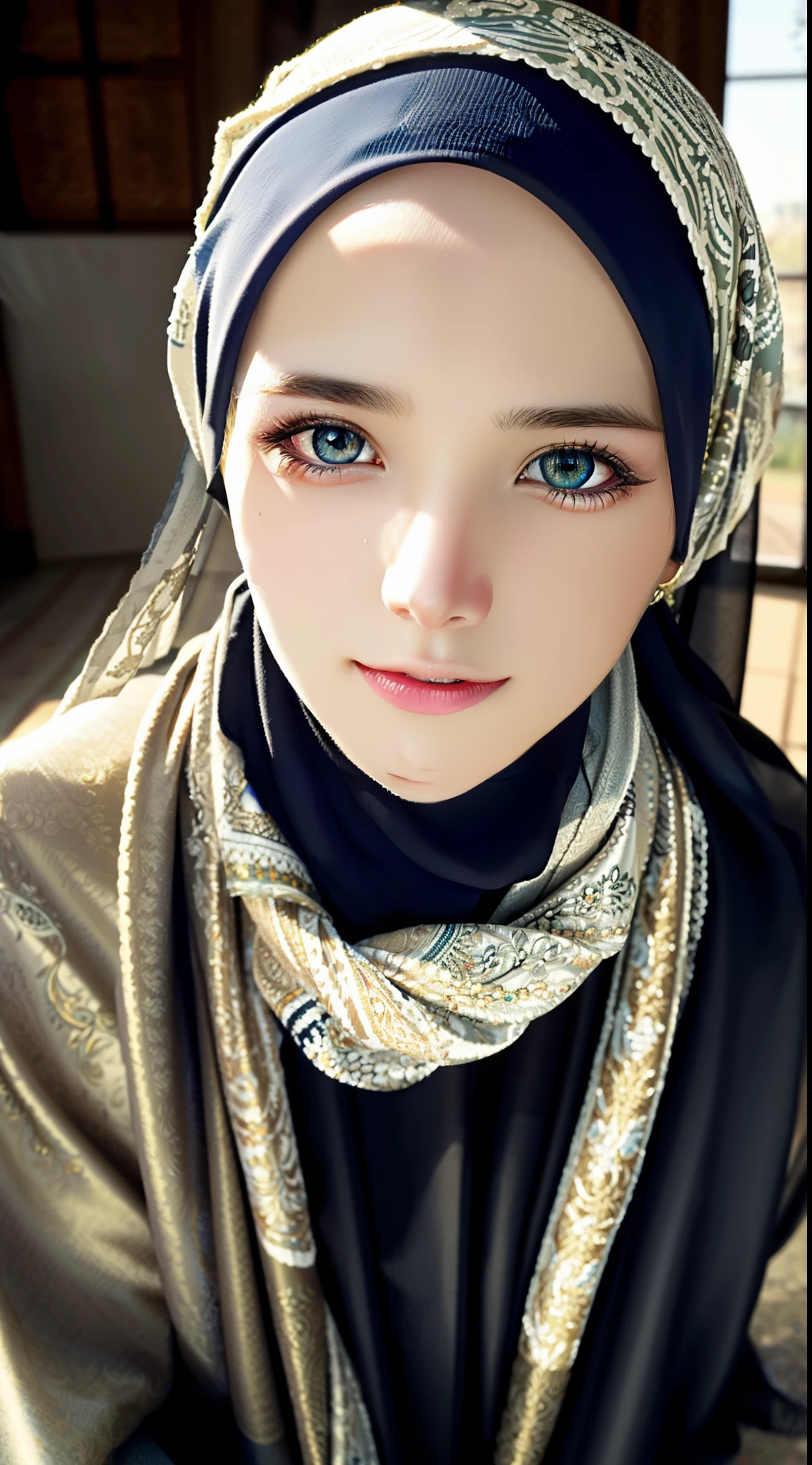 1girl, solo, beautiful face, high detailed realistic eyes, double eyelids, high detailed realistic pupils, (upon body from head to waist:1.36), (wearing hijab:1.37), (moslem headscarf:1.37), reading glasses, sitting alone on a long chair, amazing mosque park background, taj mahal, best quality, masterpiece, highres, black and white moslem female dress, Beautiful face, (upon body from head to waist:1.35), tyndall effect, photorealistic, dark studio, two tone lighting, 8k uhd, dslr, soft lighting, high quality, volumetric lighting, candid, Photograph, high resolution, 4k, 8k, Bokeh, (hyperrealistic girl), (illustration), (high resolution), (extremely detailed), (best illustration), (beautiful detailed eyes), (best quality), (ultra-detailed), (masterpiece), (wallpaper), (photorealistic), (natural light), (rim lighting), (detailed face), (high detailed realistic skin face texture), (anatomically correct), (heterochromic eyes), (detailed eyes), (sparkling eyes), (dynamic pose), (hair completely covered by the hijab:1.35), looking to viewer