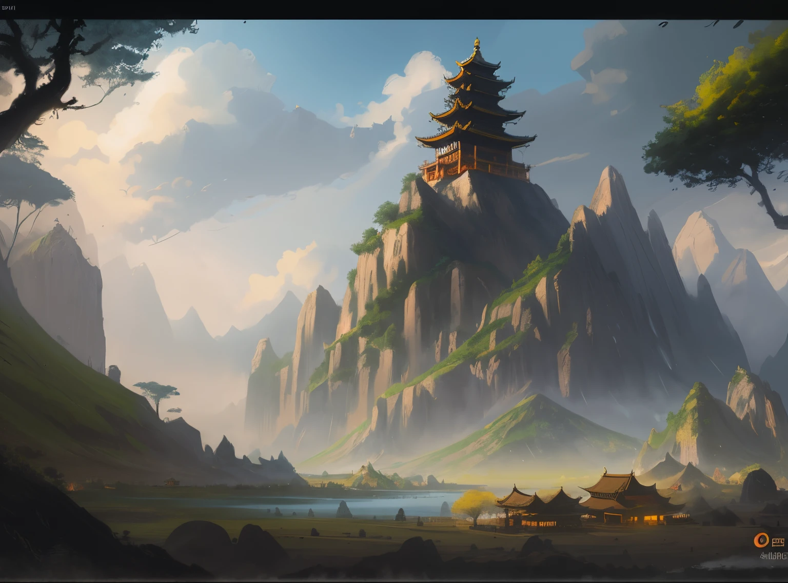 painting of a mountain with a pagoda in the middle of it, andreas rocha style, inspired by Andreas Rocha, digital painting concept art, 4k hd matte digital painting, inspired by sung choi, concept art wallpaper 4k, dota matte painting concept art, dota! matte painting concept art, environmental concept art, concept art. epic landscape