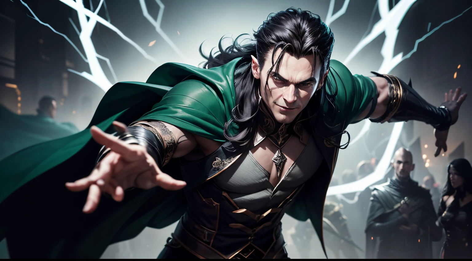 Loki,god of trickery,evil,handsome,confident,playful mischief,vibrant personality,dark hair,green eyes,rakish smile,mischievous grin,menacing gaze,sharp wit,deceptive charm,sly and cunning behavior,dressed in sleek black attire,emerald green cape,gleaming silver dagger,menacing aura,subtle smirk,taunting laughter,elegant and agile movements,dark magic,shape-shifting abilities,mischievous schemes,plotting against his enemies,dark and moody atmosphere,otherworldly powers,looming shadows,mystery and intrigue,thunderous lightning bolts,chaos and mayhem,mesmerizing presence,charismatic and enigmatic,creating chaos with a flick of his wrist,disrupting order with his misdeeds,manipulating events to his advantage,playing mind games with his adversaries,pulling strings behind the scenes,embodying chaos and deception,(best quality,4k,8k,highres,masterpiece:1.2),ultra-detailed,realistic,photorealistic:1.37,unpredictable mischief.