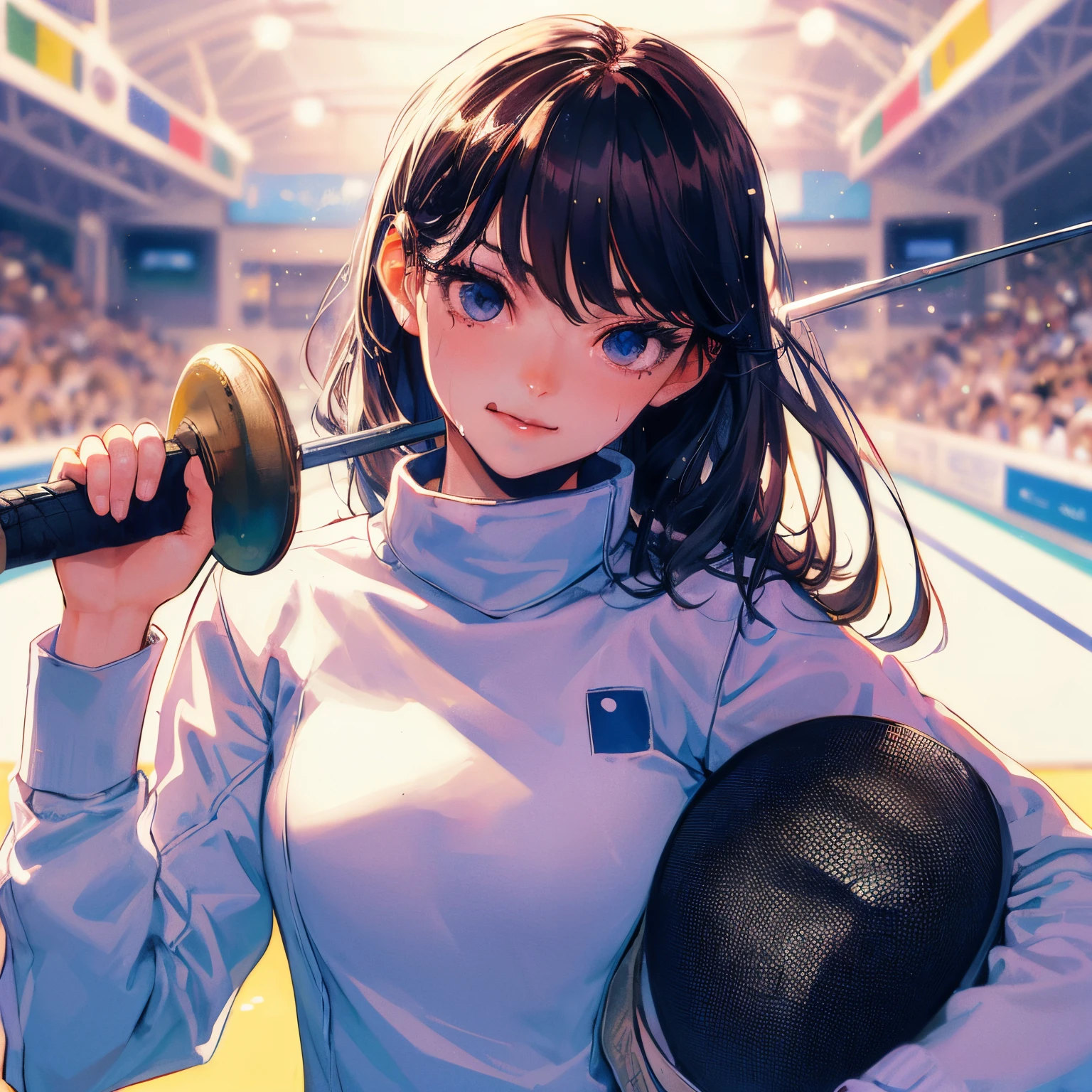 Best Quality, masutepiece, High resolution, (Anime Heroine Illustration), Anime Paint, 1beautiful girl ,Dynamic Angle,Female fencing athlete,small head,Large breasts,nice legs, Glowing skin, Sweat,At the fencing venue ,Cool,Detailed beautiful face,Detailed beautiful eyes,detailed hairs,detailed skins,Realistic Skins,Sweat,detailed clothes,