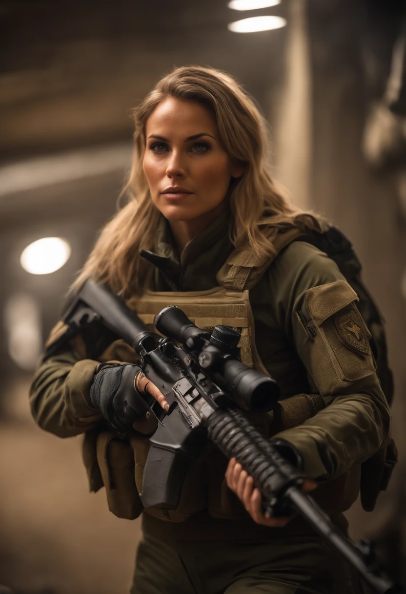 Cinematic Grave Raider, An ultra-detailed hyper-realistic photograph of a beautiful 25-year-old Tomb Raider woman looking at the viewer, face cam, Pistol in pistol holster, (cheveux blond), yeux clairs, American Aesthetics, cheveux longs, Nuit, Sinueuse, Belles courbes, Army medical Aesthetics, T-shirt blanc, Focus on details, style Semi Impasto, peinture mate, atmospheric, rougeoyant, dramatic lighting, beaux yeux, eyes symmetrical, Des yeux parfaits, par Magali Villeneuve, wet, humide, reflection, (Masterpiece) ( Proportions parfaites) (Realistic photos) (Highest quality) (detail) photo prise par Canon EOS R5, Objectif 50mm, f/2.8, Hdr, (8k) (wallpaper) (movie lighting) (dramatic lighting) (mise au point nette) (complexe) mode, Special Forces, Capitan, U.S. Army, , Au combat, Multicam, convenir, Camouflaged, Multicam, American Patter, peau couverte, Special Forces, medical, combat zone, Team Leader, Capitaine, U.S. Army, officier, Special Forces, Green Berets, explosions, battle damage, Manutentionnaire K-9, Manutentionnaire allemand Shephard,