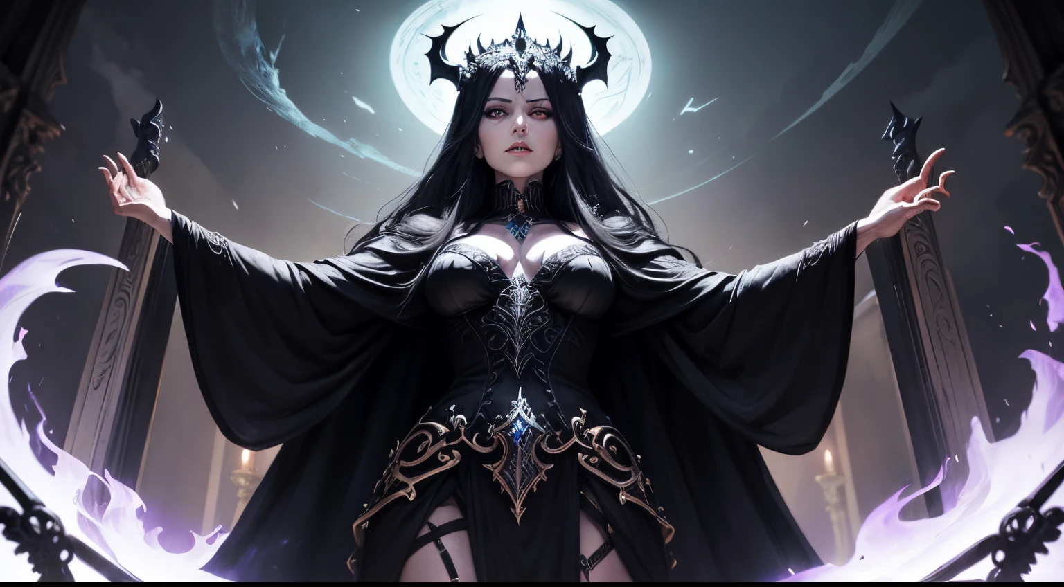 god is a goth woman above the clouds, sitting on a throne, heavy makeup, on a cloud, detailed face, black crop top