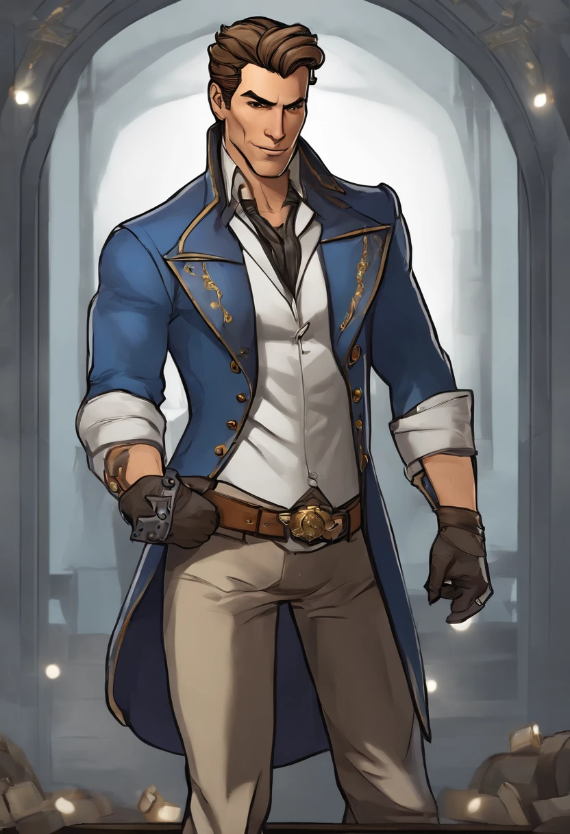 Handsome Jack sitting on his throne, holding a glass of champagne,Borderlands 2,Appearance: Handsome Jack from Borderlands

Description: Handsome Jack's appearance is distinctive and memorable, reflecting his larger-than-life personality. Here is a meticulous description of his physical features:

Facial Features:
- Face: Handsome Jack has a well-defined and angular face. His facial structure is sharp, with chiseled cheekbones and a prominent jawline.
- Eyes: His eyes are a piercing blue color, often described as icy or intense. They are framed by well-groomed eyebrows and have a calculating and observant gaze.
- Facial Hair: Handsome Jack is typically seen with a clean-shaven face, emphasizing the sharpness of his facial features.

Hair:
- Style: His hair is styled in a slicked-back manner, appearing well-groomed and meticulously maintained.
- Color: His hair is a striking shade of blonde, often described as a vibrant golden hue. It accentuates his charismatic and confident aura.

Attire:
- Clothing: Handsome Jack is often seen in a sharp and stylish outfit that exudes a sense of authority and sophistication. He favors tailored suits in dark colors such as black or charcoal gray, with intricate patterns or subtle detailing.
- Accessories: He adorns himself with accessories that showcase his wealth and power. This may include a sleek tie, cufflinks, and a high-end wristwatch. He may also wear a signature Hyperion mask, which is a white mask with a sinister grin, symbolizing his role as the CEO of Hyperion Corporation.

Physical Build:
- Height: Handsome Jack is of average to slightly above-average height, standing around 5'11'' to 6'0'' (180-183 cm).
- Physique: He possesses a lean and athletic build. While not exceptionally muscular, his physique suggests a level of physical fitness and agility.

Overall, Handsome Jack's appearance reflects his charismatic and confident nature. His sharp facial features, intense blue eyes, and meticulously styled hair contribute to his striking and memorable presence. Combined with his fashionable attire, he presents himself as a figure of power and authority.


Forehead: Handsome Jack's forehead is smooth and slightly rounded, with no prominent lines or wrinkles. It appears relatively proportionate to the rest of his face.

Eyebrows: He has well-defined eyebrows that are groomed and neatly shaped. They are medium in thickness and arched, adding to his expressive and intense gaze. The color of his eyebrows matches his hair color, a vibrant shade of blonde.

Eyes: Handsome Jack's eyes are one of his most striking features. They are a piercing, vibrant blue color, often described as icy or intense. His eyes have a sharp, calculating gaze that can be both captivating and unnerving. The irises stand out prominently against the white of his eyes.

Nose: He has a straight and well-defined nose that complements the angular and sharp features of his face. It is neither too small nor too large, appearing proportionate with the rest of his facial structure. The bridge of his nose is straight, leading to a slightly rounded tip.

Cheekbones: Handsome Jack possesses prominent and defined cheekbones that add a sense of structure and angularity to his face. They are high and well-sculpted, giving his face a distinct and commanding appearance.

Jawline: His jawline is strong and chiseled, adding to his overall rugged and authoritative look. It is well-defined, with a squared-off shape that accentuates the masculinity of his face. The jawline connects seamlessly with his neck.

Lips: Handsome Jack has medium-sized lips that are usually seen in a neutral or slightly smirking expression. They are neither too thin nor too full, striking a balance between refinement and confidence.

Chin: His chin is well-defined and slightly pointed, adding to the sharpness and angularity of his facial structure. It complements his overall handsome and charismatic appearance.

Skin: Handsome Jack's skin appears smooth and well-maintained. It has a fair complexion, often described as having a healthy glow.

His face is adorned by a mask that was grafted directly according to his previous face. He wears it because his normal face was branded with the Vault Symbol when the first Vault was opened in Pandora., Male
