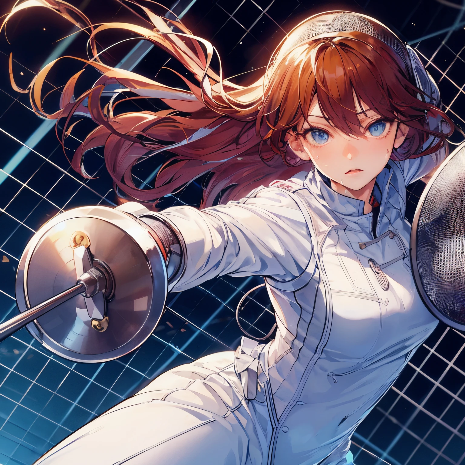 Best Quality, masutepiece, High resolution, (Anime Heroine Illustration), Anime Paint, 1beautiful girl ,Dynamic Angle,Female fencer,small head,Large breasts,nice legs, Glowing skin, Sweat,At the fencing venue ,Cool,Detailed beautiful face,Detailed beautiful eyes,detailed hairs,detailed skins,Realistic Skins,Sweat,detailed clothes,
