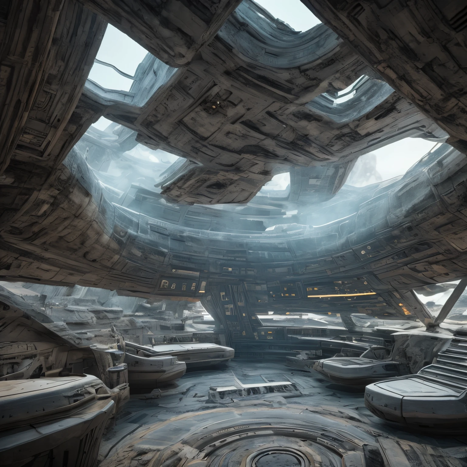 Strange white ancient alien spacecraft cockpit interior, archaeological excavation site,stereoscopic perspective, There is fog, floating dust,