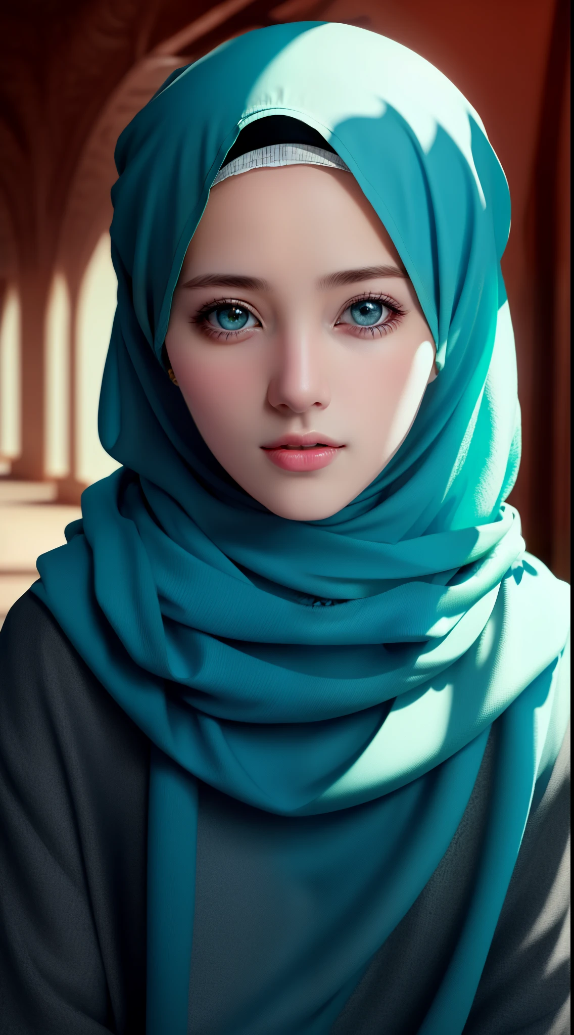 A girl with hijab in a studio Photo,beautiful detailed eyes,beautiful detailed lips,extremely detailed eyes and face,longeyelashes,illustration,additional flowers and butterflies, (best quality,highres:1.2),ultra-detailed,(realistic:1.37),vibrant colors,warm sunlight