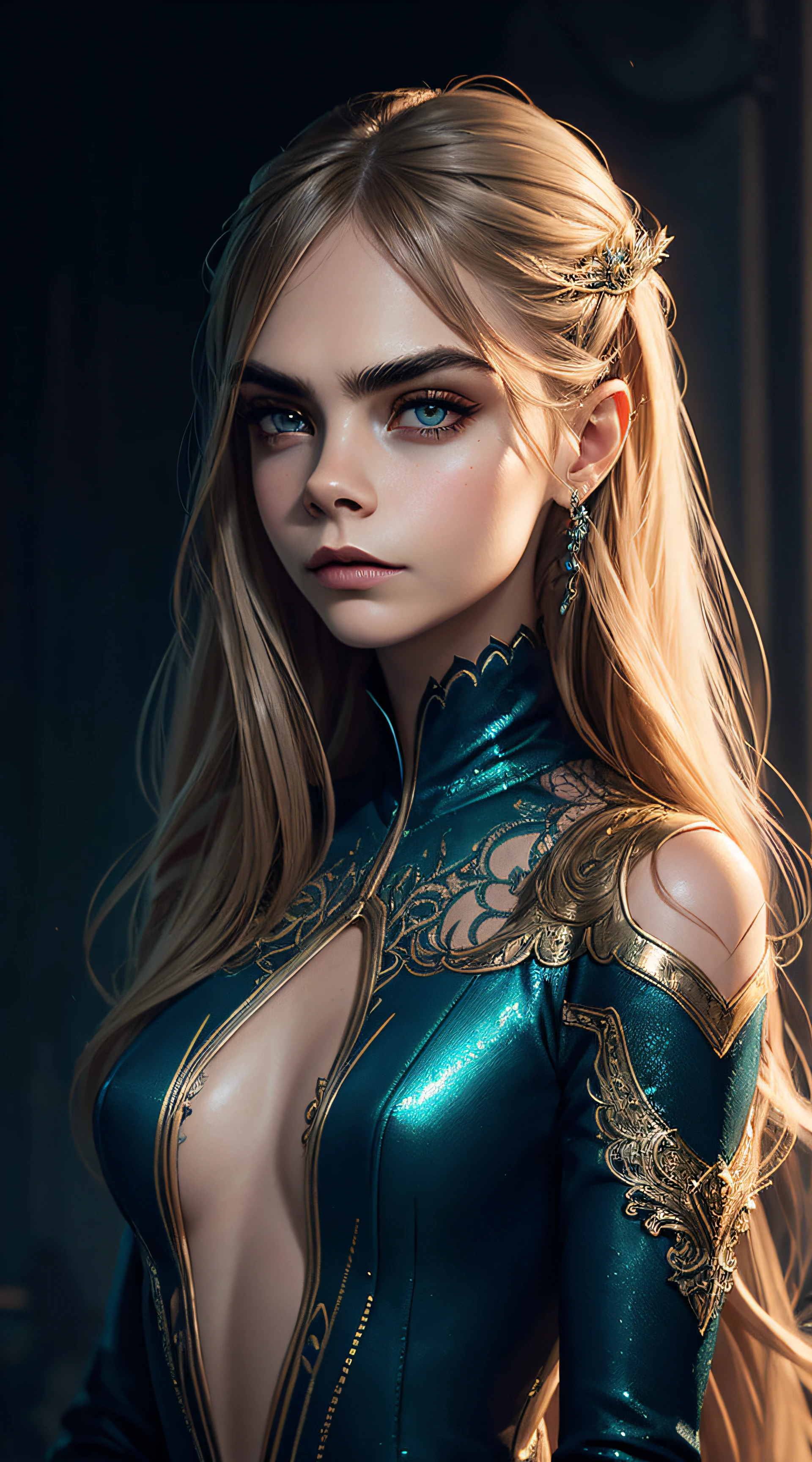 Cara Delevingne, mermaid sexy clothes, character portrait, 5 9 9 0 s, long hair, intricate, elegant, highly detailed, digital painting, artstation, concept art, smooth, sharp focus, illustration, art by wlop, charlie bowater and alexandra fomina