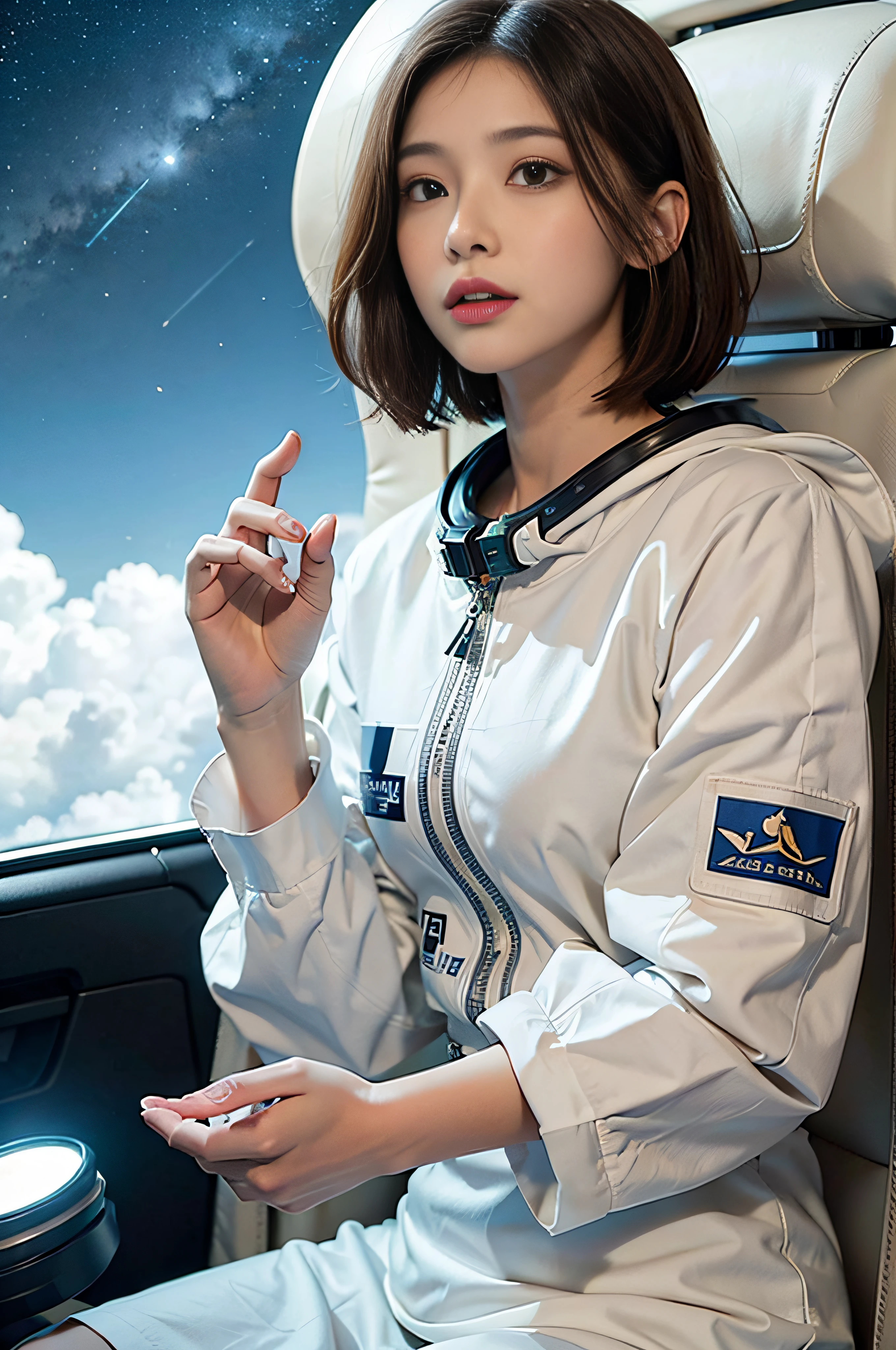 top-quality、masterpiece、超高分辨率、(Realistic:1.4)、１femele、Beautiful eyes and skin details、ssmile、light brown short hair、Petite bust、Perfect spacesuit、space ship、Desolate and mysterious planet、Green sky、UFO flying in the sky、Mysterious giant ruins、In another world、sfv、