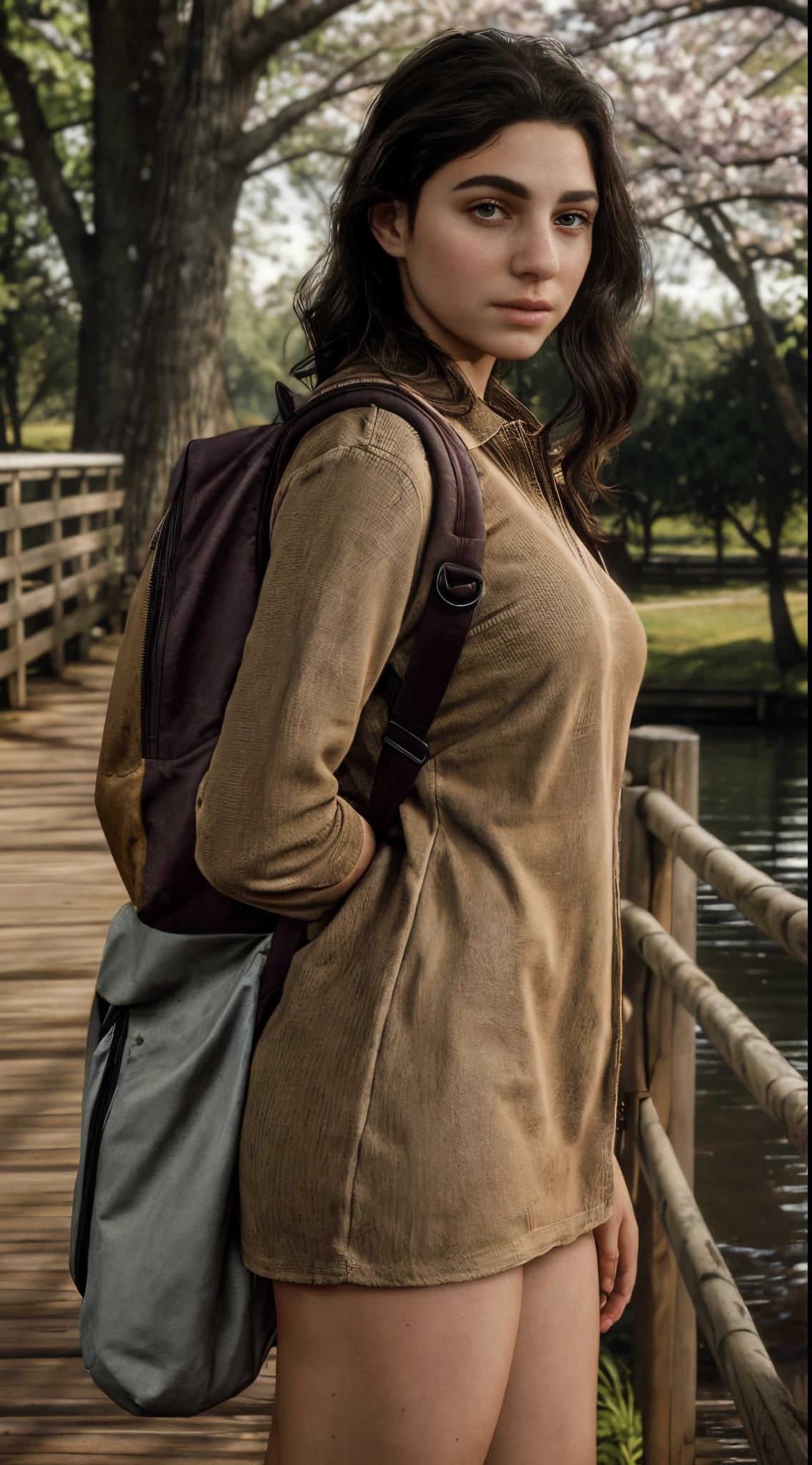 -teen, Finnish, de, long hair, small breasts, big eyes, long legs, Thigh close-up, beige dress, white socks, high heel shoes, backpack, park background, crossing a wooden bridge in the lake, Trees, cherry blossom, sunrise, light through fabric, (realistic, photorealistic: 1.37), specular light, ray tracing, HDR