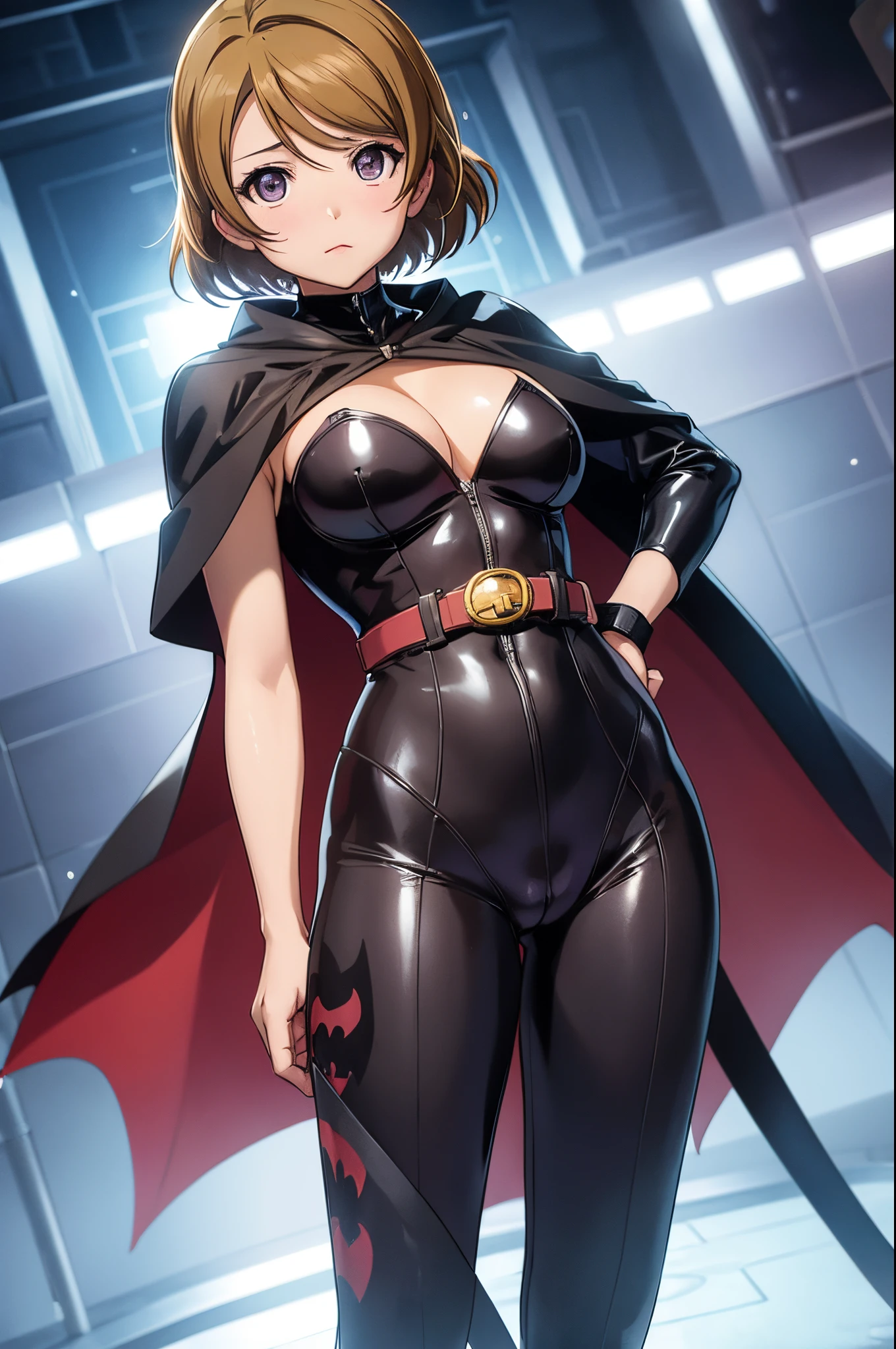 koizumi hanayo, (tight bodysuit:1.2), batman custom , standing , cowboy shot,belt, cape, cleavage