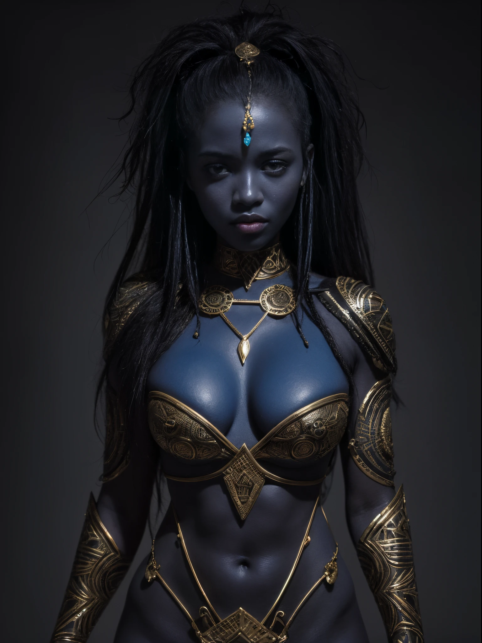 Top CG，（tmasterpiece），（insanely details），（Ultimate quality），1girll，African goddess Yemanja, Coloring, The dominance of blue, perfect bodies, sketchbook, handpainted, darkly, bravery, realistic sketch, Rough sketch, A strong blend of dark colors and loose lines, Bold lines, portraitures,full bodyesbian, African symbol, A symbol of water,dark themes,  big breasts enchanting，dynamicposes