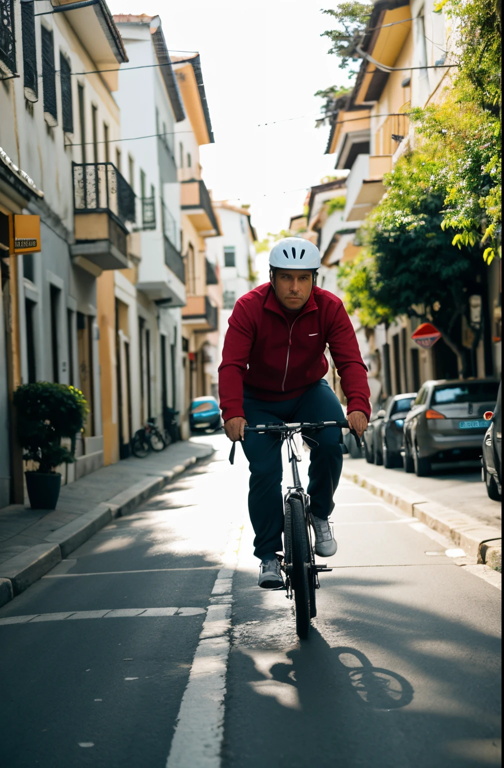 imagem lateral, homem praticando exercicio, pedalando uma bicicleta na rua, healthy man, 8k