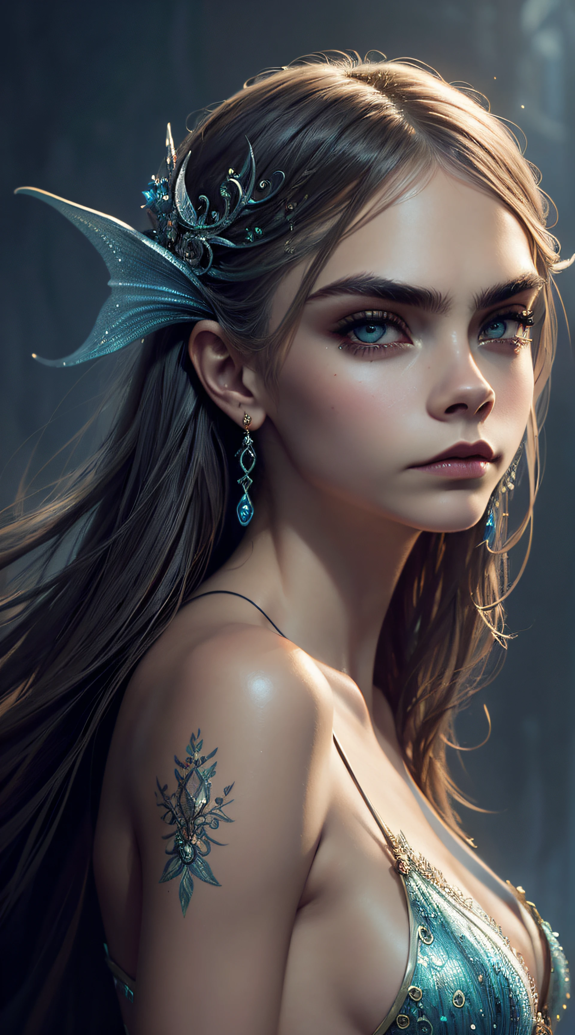 Cara Delevingne, mermaid sexy clothes, character portrait, 5 9 9 0 s, long hair, intricate, elegant, highly detailed, digital painting, artstation, concept art, smooth, sharp focus, illustration, art by wlop, charlie bowater and alexandra fomina