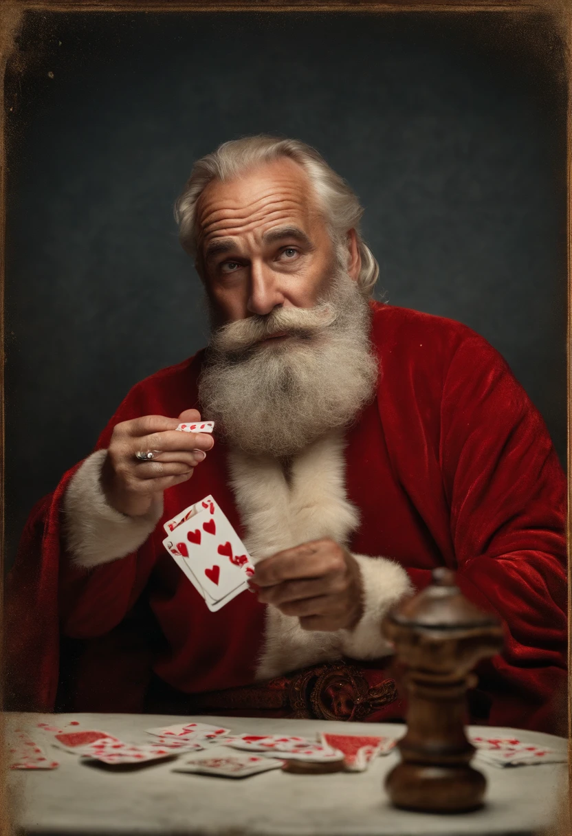A photo of Bad Santa sitting at a dimly lit table, shuffling a deck of playing cards.,original,His iconic red suit, now disheveled and stained, reflects a life marred by neglect and vice. The once neatly-groomed white beard is unkempt, and his eyes, historically a source of merry twinkle, are bloodshot and weary. The robust and cheerful figure we know is replaced by a more haggard and careworn man, who carries the weight of his struggles visibly., male