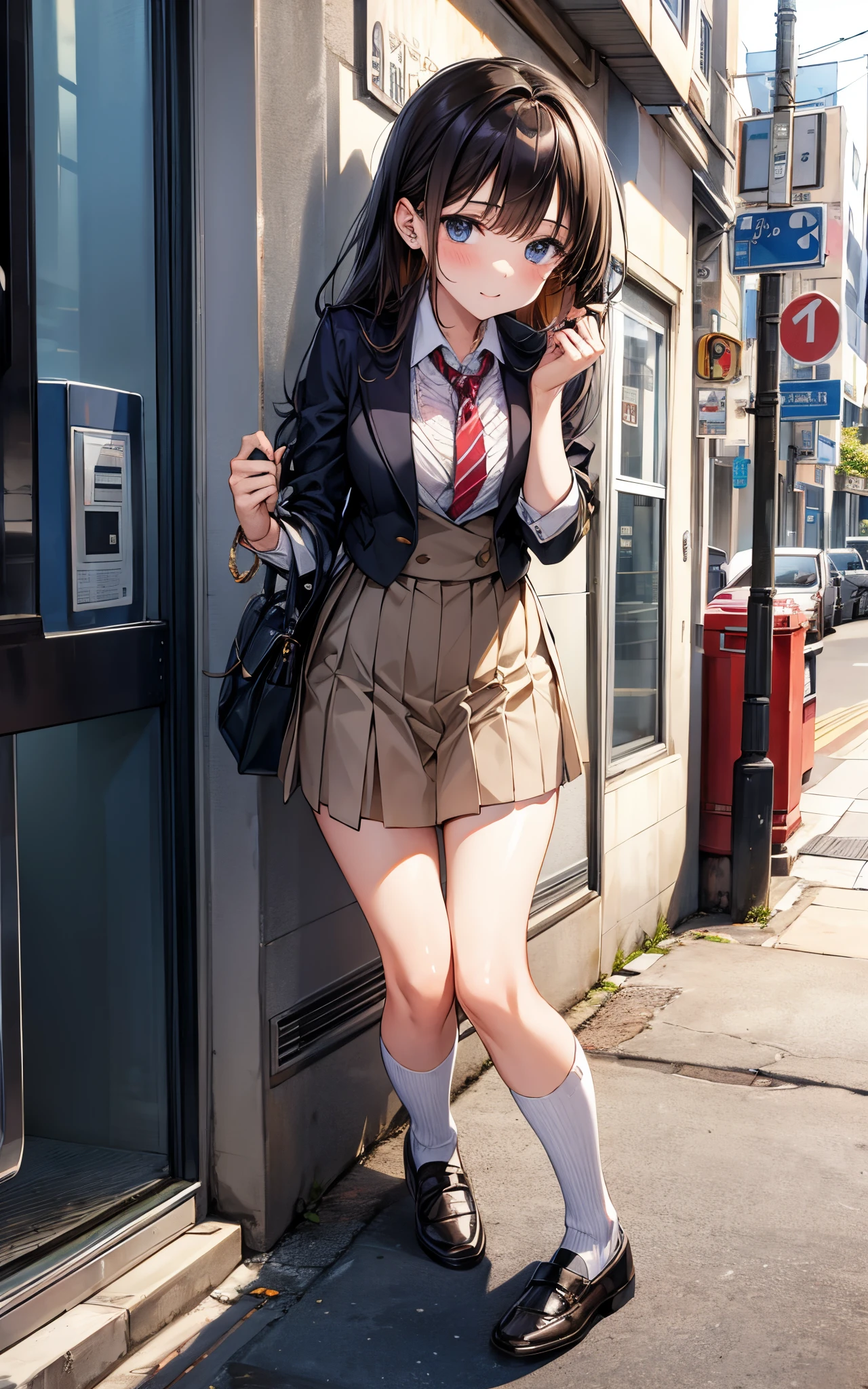 highly detailed skin, highly detailed face, (beautiful detailed eyes, the girl smiles, red cheeks), (a girl is walking), The girl is cute 18 years old, ((no panties, Cute, thin pubic hair)), (Not wearing a bra, small breasts, cute nipples), ((light pink heeled shoes)), White blouse with ribbon, Short white skirt, ((white tights)), cute hair ornament, Chestnut hair with up, small white beret, beautiful earrings, Bustling city, ((Photographed from the front so that the girl&#39;s whole body is included)),