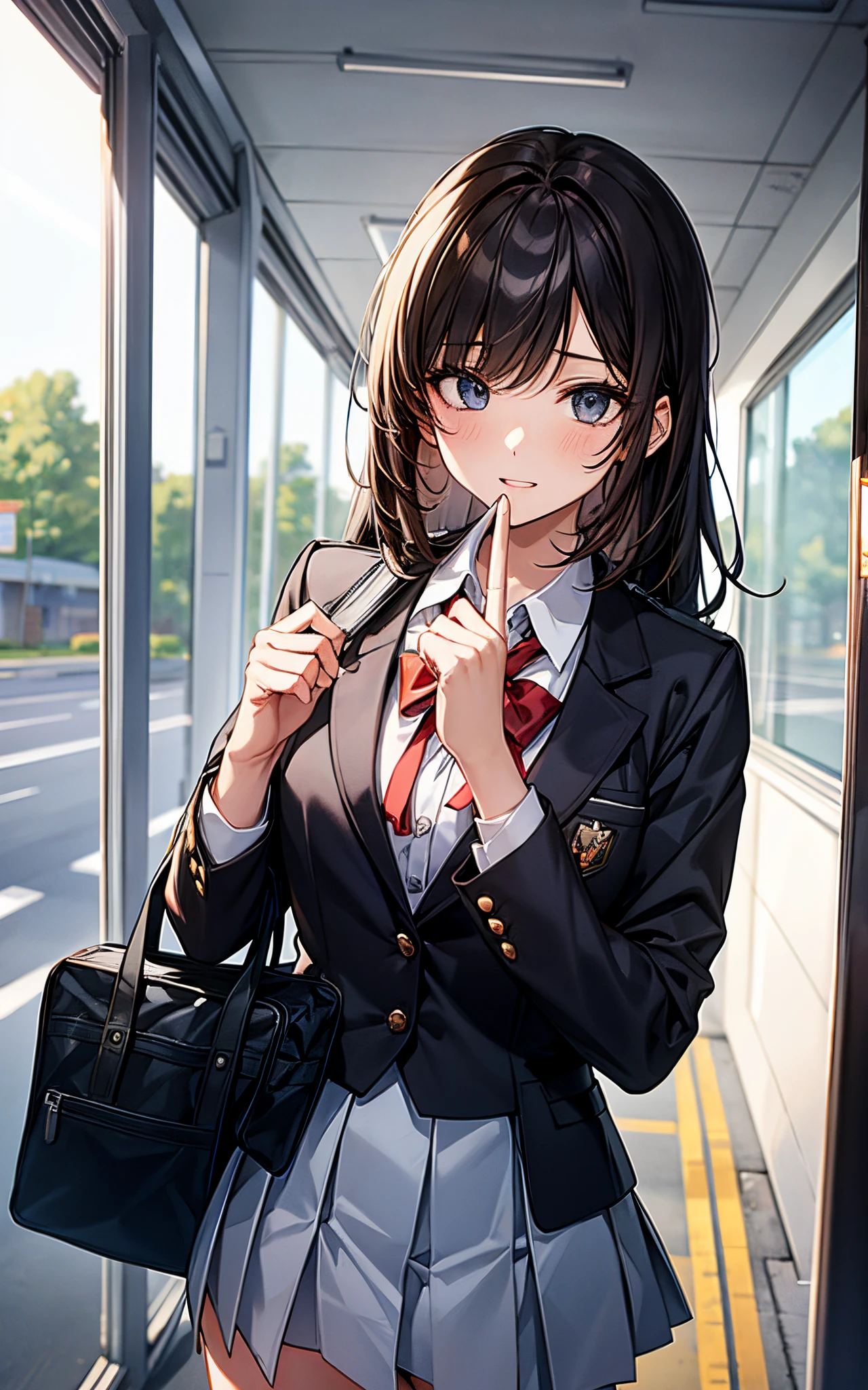 My girlfriend, wearing her high school uniform, greeted me on my way to school in the morning.
