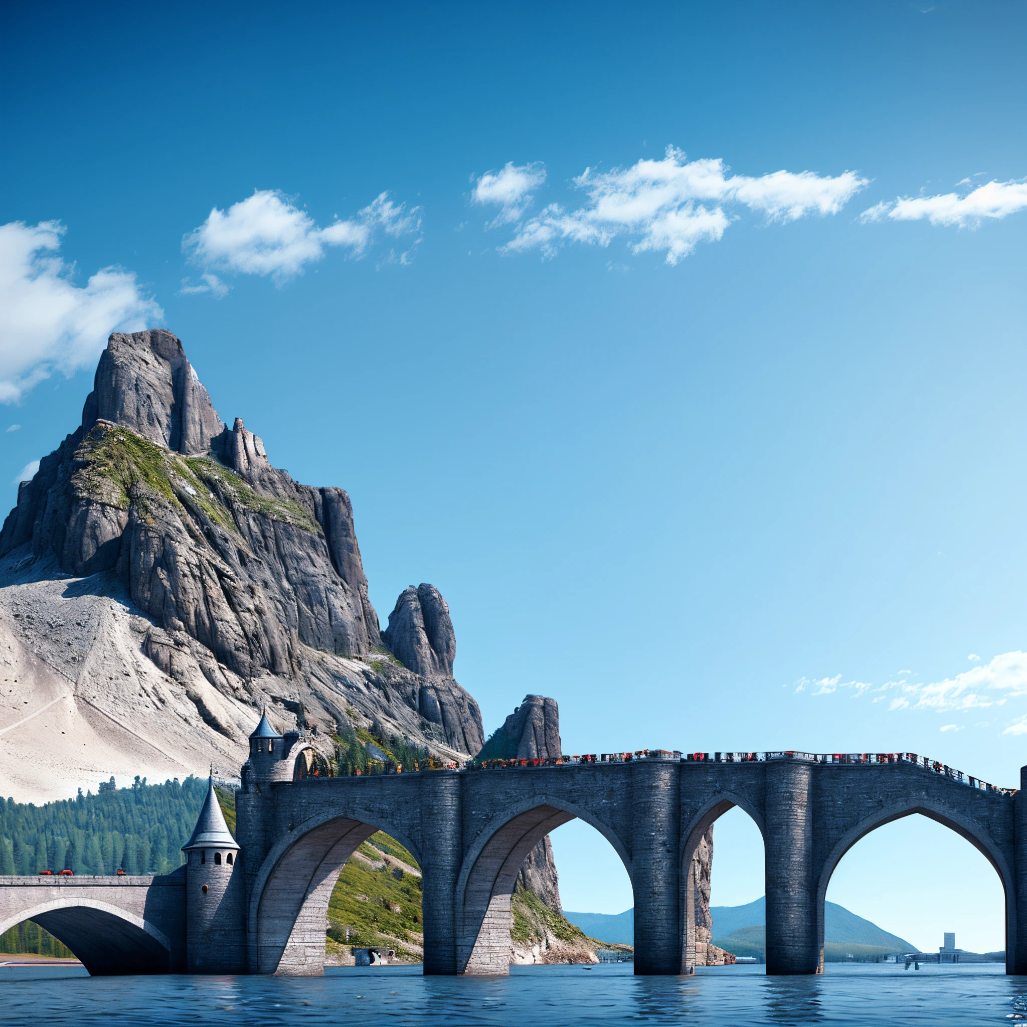 empty sky, (clear sky), cloudless, big landscape, empty foreground, massive landscape, gigantic fantasy landscape, castles, bridge, mountains, forest, highly detailed, details, ocean, photorealistic, 8k, masterpiece