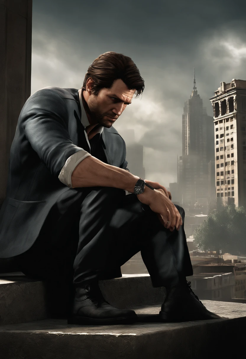A photo of Max Payne sitting on the edge of a gritty rooftop, overlooking the city below, with a somber expression on his face.,Max Payne 3,Max's appearance can be described as follows:

Max Payne is a middle-aged man with a rugged and weathered appearance. He has a strong and muscular build, reflecting his background as a former police officer and skilled marksman. Max stands at an average height and has a slightly hunched posture, which adds to his weary and worn-out demeanor.

His most notable feature is his dark, unkempt hair, which is usually styled in a messy manner. Max has short hair that is mostly black, with a slight hint of gray, suggesting the toll that his experiences have taken on him. He often has a five o'clock shadow, further reinforcing his gritty and tired look.

Max's face bears the scars of his troubled life. He has a strong jawline and deep-set, piercing blue eyes that reflect a mix of determination and sorrow. His eyes often appear bloodshot, hinting at his sleepless nights and constant battles with inner demons. Max has prominent cheekbones, which lend a sharpness to his features, and his facial expression is often grim or pained.

He typically dresses in a dark and practical manner, reflecting his no-nonsense approach to life. Max is often seen wearing a black leather jacket, which has become an iconic part of his attire. Underneath the jacket, he usually wears a plain dark-colored shirt or a white undershirt. He pairs this with dark trousers and sturdy black boots, suitable for the intense action and combat he encounters.

Max Payne's overall appearance exudes a sense of world-weariness and a touch of noir. His disheveled hair, tired eyes, and rugged attire reflect the turbulence he has experienced and the dark path he walks in his relentless pursuit of justice and redemption.

Max Payne has a distinctive facial structure with pronounced cheekbones and a strong jawline. His face often appears tense and serious, with a deep furrow between his eyebrows. The lines around his eyes and mouth show the traces of sorrow, pain, and stress that have marked his life.

His eyes are characterized by an intense ice-blue color, creating a striking contrast against his dark hair. His gaze is usually serious and determined, but also tinged with sadness and melancholy. His piercing stare conveys a sense of intensity and resolution.

Max often wears a distinctive expression marked by anger and rage. His jaw is often clenched, and his lips are often pressed into a thin line, reflecting his determination and suffering.

Regarding his clothing, Max Payne's style is practical and functional. He typically wears dark, worn-out attire that allows him freedom of movement and suits his dark character. Along with his iconic black leather jacket, he often wears a plaid shirt or a plain t-shirt underneath. His pants are usually dark or black, emphasizing the somber tone of his story. He completes his look with sturdy black boots, conveying both stability and a rugged edge.

Max Payne's overall appearance is characterized by a blend of strength and vulnerability. His tired and weathered look reflects the heavy emotional burdens he carries, while his determined countenance and piercing gaze demonstrate his persistence and desire for revenge and justice., male