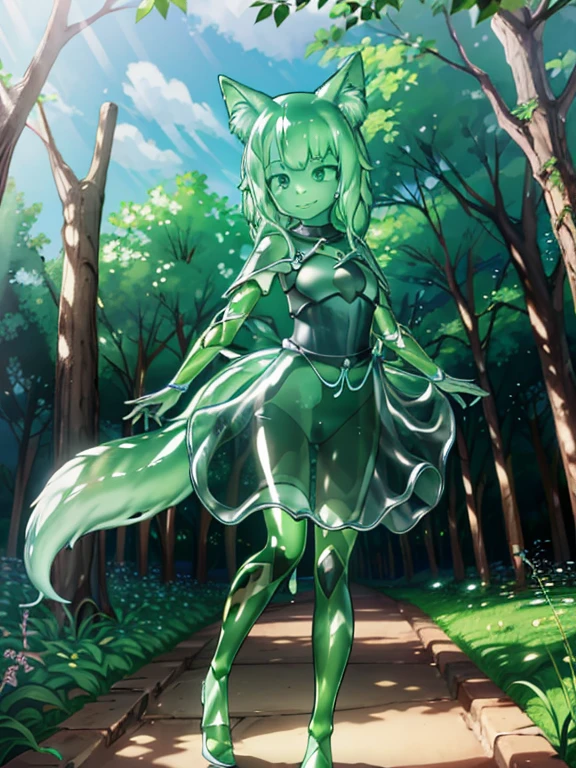 HDR, Excellent quality, 1. Slug Girl, In armor, white transparent body, transparent skin, translucent body,  Foxtail, short tail, One Tail, the pose is standing backwards, with a beautiful face,  ssmile, woods