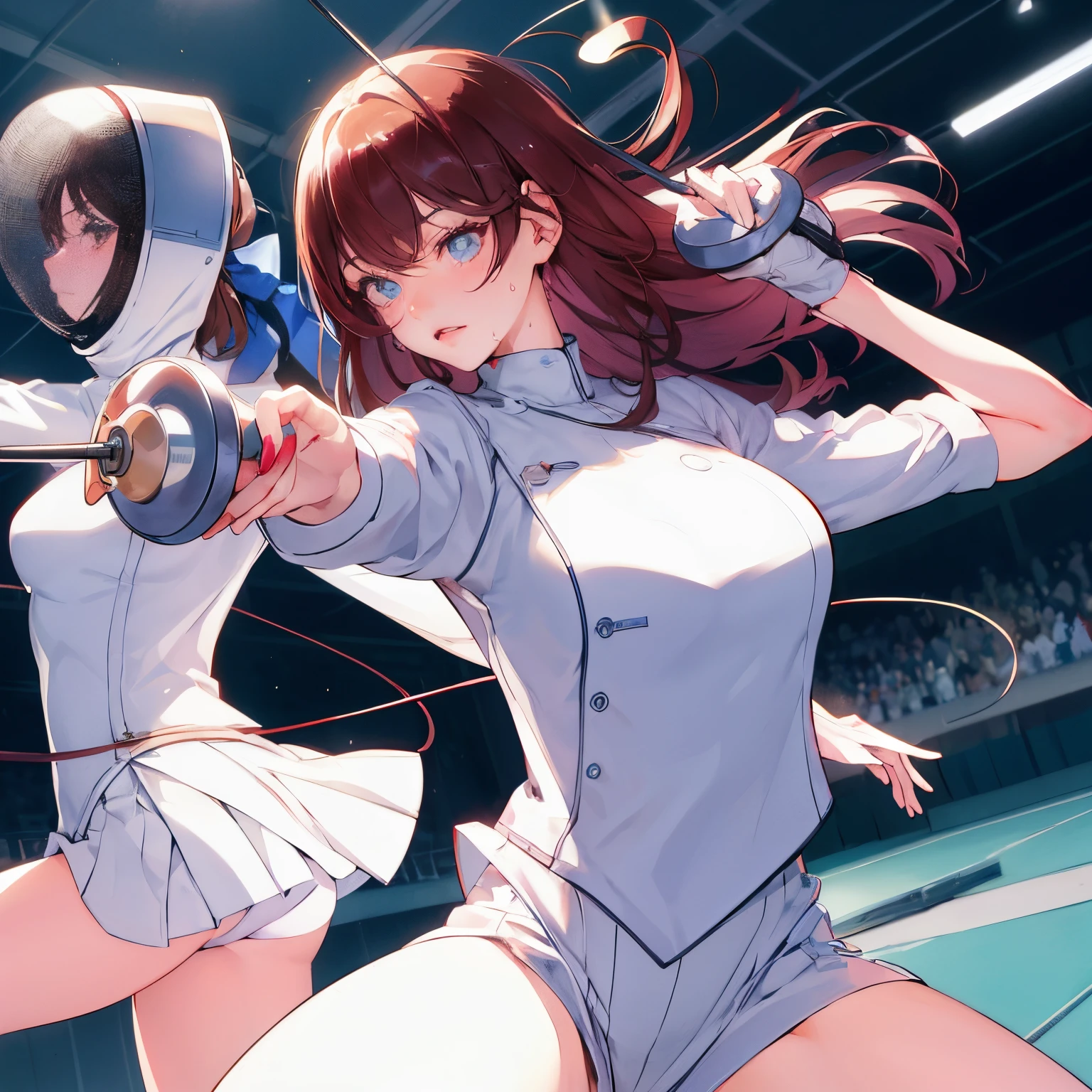 Best Quality, masutepiece, High resolution, (Anime Heroine Illustration), Anime Paint, 1beautiful girl ,Dynamic Angle,Female Fencer,small head,Large breasts,nice legs, Glowing skin, Sweat,At the fencing venue ,Cool,Detailed beautiful face,Detailed beautiful eyes,detailed hairs,detailed skins,Realistic Skins,Sweat,detailed clothes,