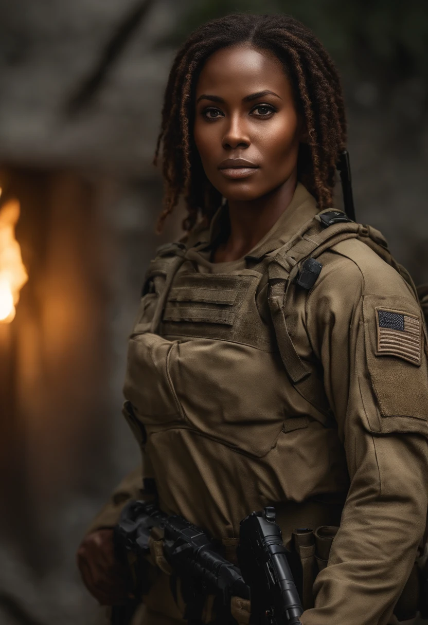 Cinematic Grave Raider, An ultra-detailed hyper-realistic photograph of a very beautiful African American 25-year-old Tomb Raider woman with beautiful hair looking directly at the viewer with a slight smile, face cam, (cheveux blond), yeux clairs, American Aesthetics, cheveux longs, Nuit, Sinueuse, Belles courbes, Army medic Aesthetics, T-shirt blanc, Focus on details, style Semi Impasto, peinture mate, atmospheric, rougeoyant, dramatic lighting, beaux yeux, eyes symmetrical, Des yeux parfaits, par Magali Villeneuve, wet, humide, reflection, (Masterpiece) ( Proportions parfaites) (Realistic photos) (Highest quality) (detail) photo prise par Canon EOS R5, Objectif 50mm, f/2.8, Hdr, (8k) (wallpaper) (movie lighting) (dramatic lighting) (mise au point nette) (complexe) mode, Special Forces Medic, Capitaine, U.S. Army, , Au combat, Multicam, convenir, Camouflaged, Multicam, American Patter, peau couverte, Special Forces, combat zone, Team Leader, Capitaine, U.S. Army, officier, Special Forces Medic, Green Berets, explosions, battle damage, Manutentionnaire K-9, Manutentionnaire allemand Shephard,