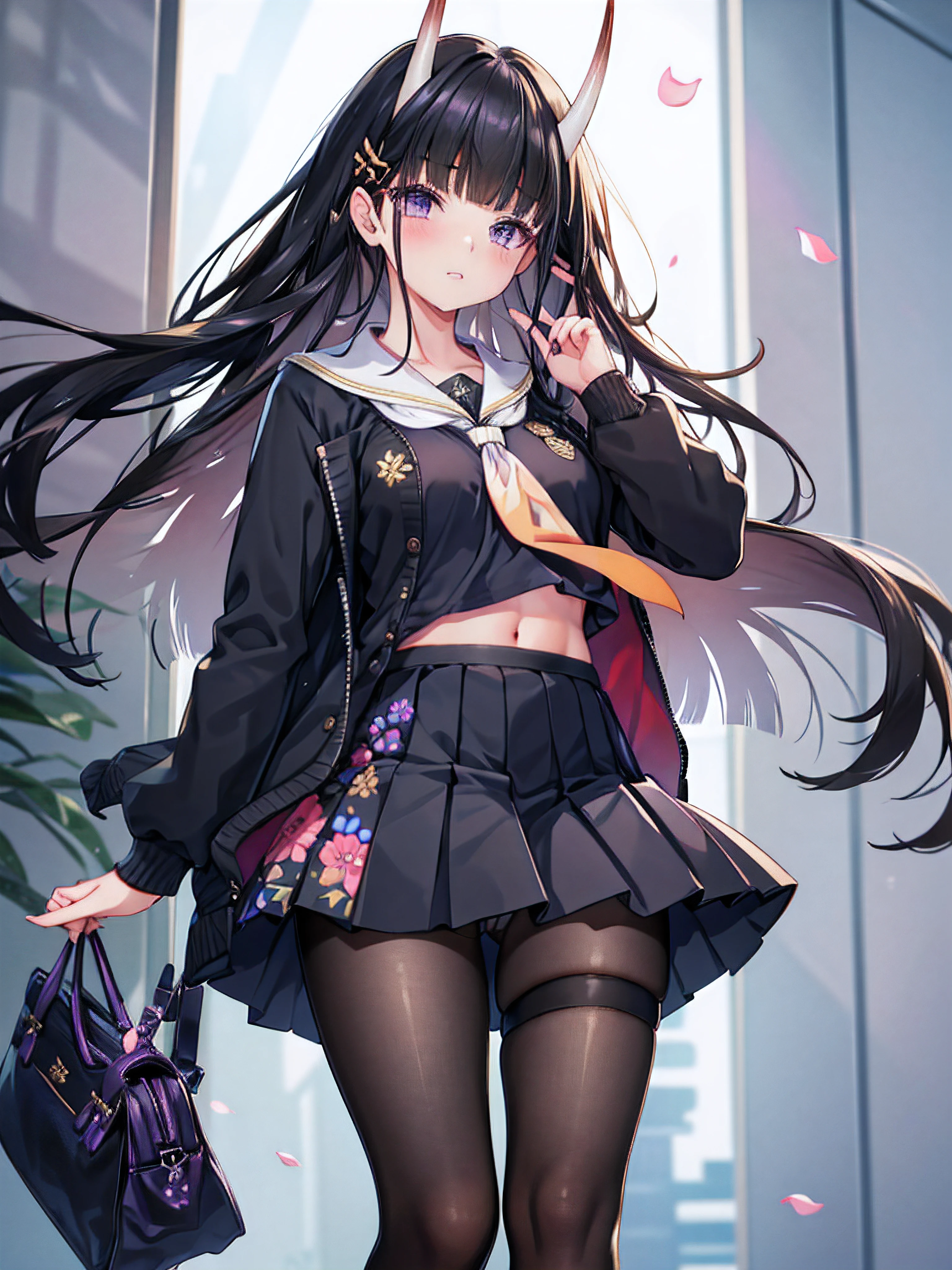 masterpiece, best quality, 1girl, solo, long hair, looking at viewer, skirt, black hair, school uniform, purple eyes, pantyhose, pleated skirt, horns, serafuku, cardigan, oni horns, open cardigan, black panty, floral lace undies, cameltoe, show panties, miniskirt