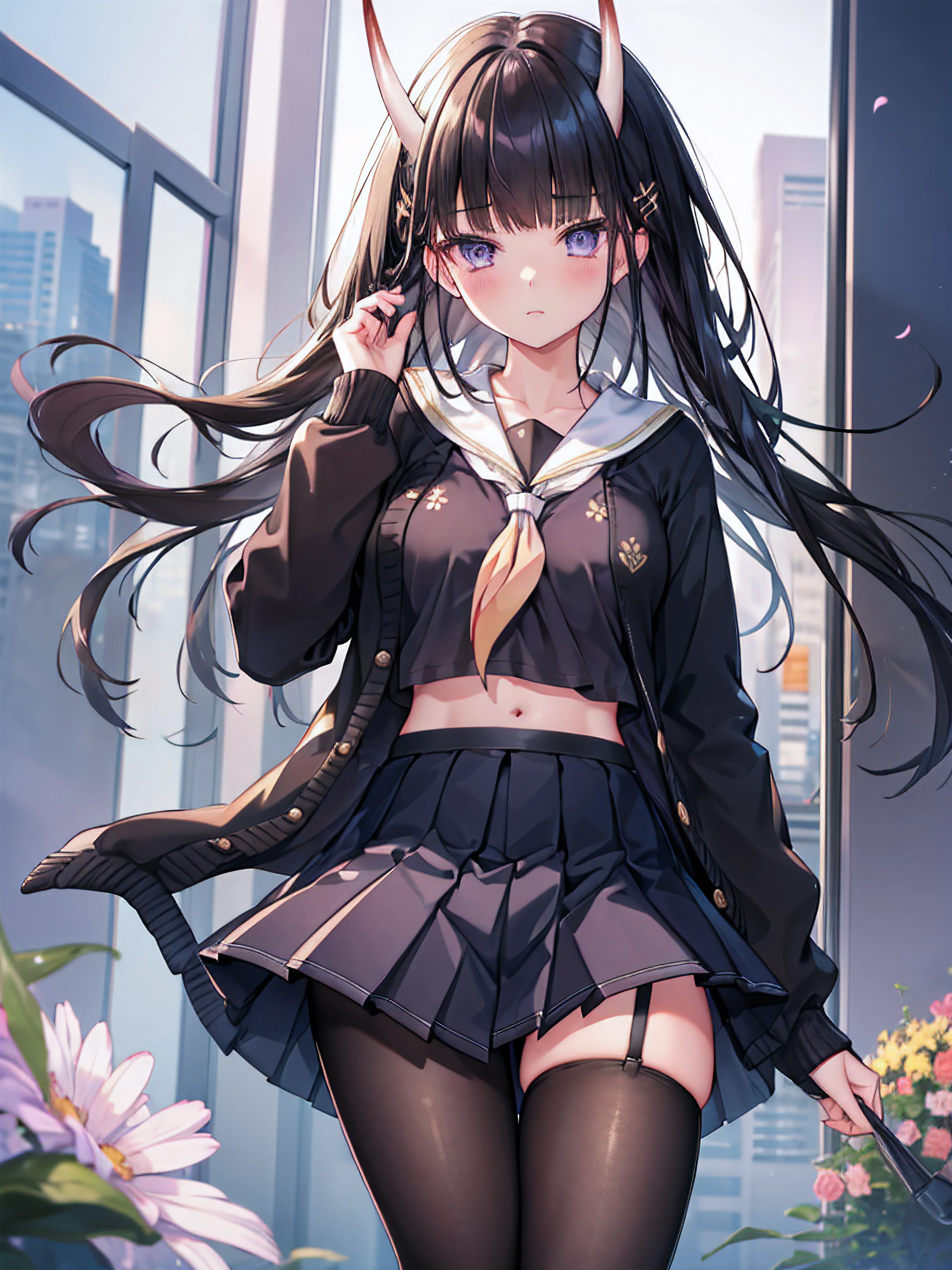 masterpiece, best quality, 1girl, solo, long hair, looking at viewer, skirt, black hair, school uniform, purple eyes, pantyhose, pleated skirt, horns, serafuku, cardigan, oni horns, open cardigan, black panty, floral lace undies, cameltoe, show panties, miniskirt