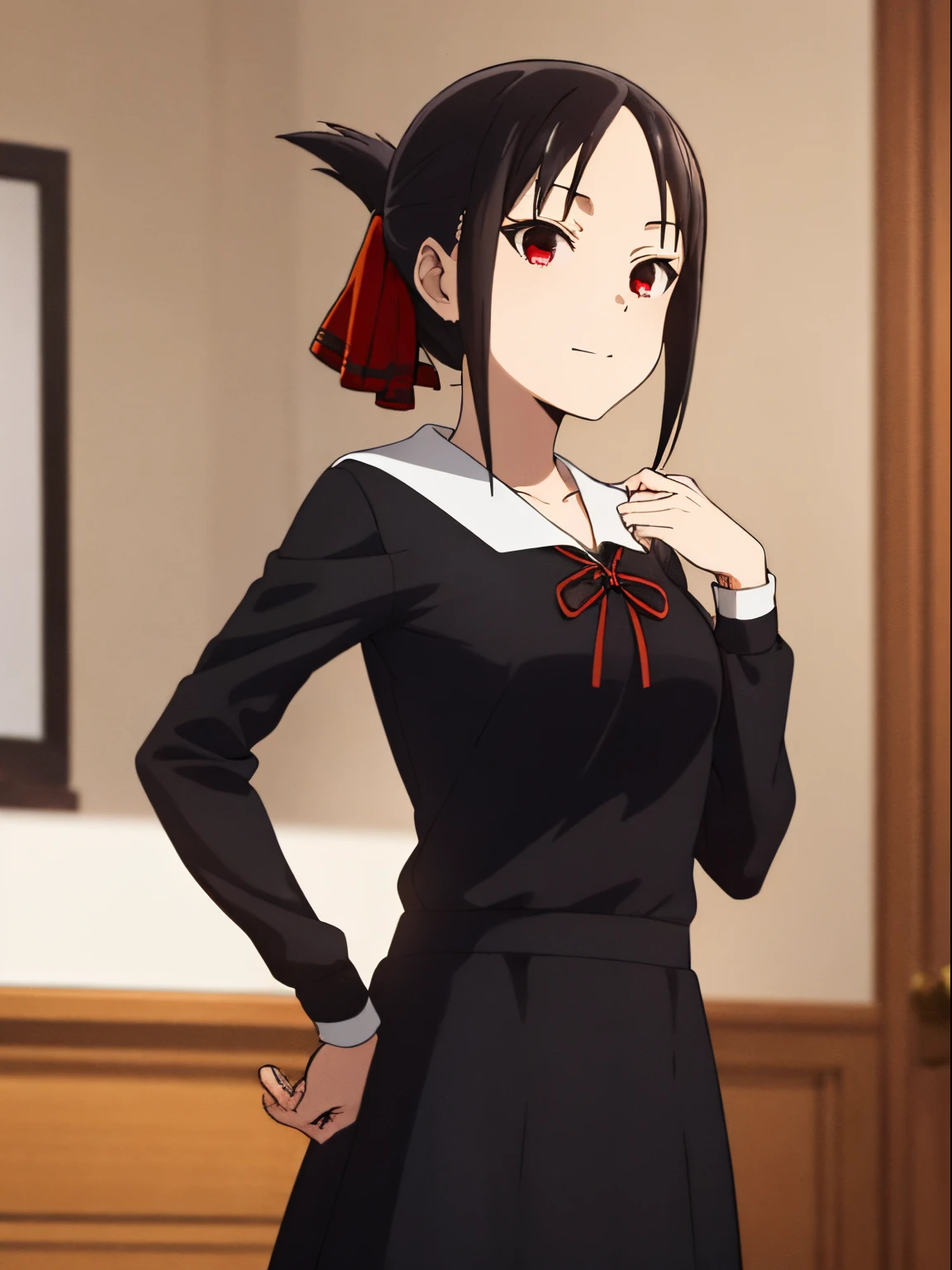 Best Quality, 超A high resolution, top-quality, Anime style, The best lighting, Beautiful face, Best Quality, (masutepiece:1.2), Detailed,
Kaguya Shinomiya,
1girl in, Solo, Closed mouth, lightsmile,
Black hair, Red Eyes, Short hair, folded ponytail, Hair Ribbon,
School uniform, Black Dress, Long sleeves, Red Ribbon,
Standing, Looking at the viewer,
crass room, Best fingers