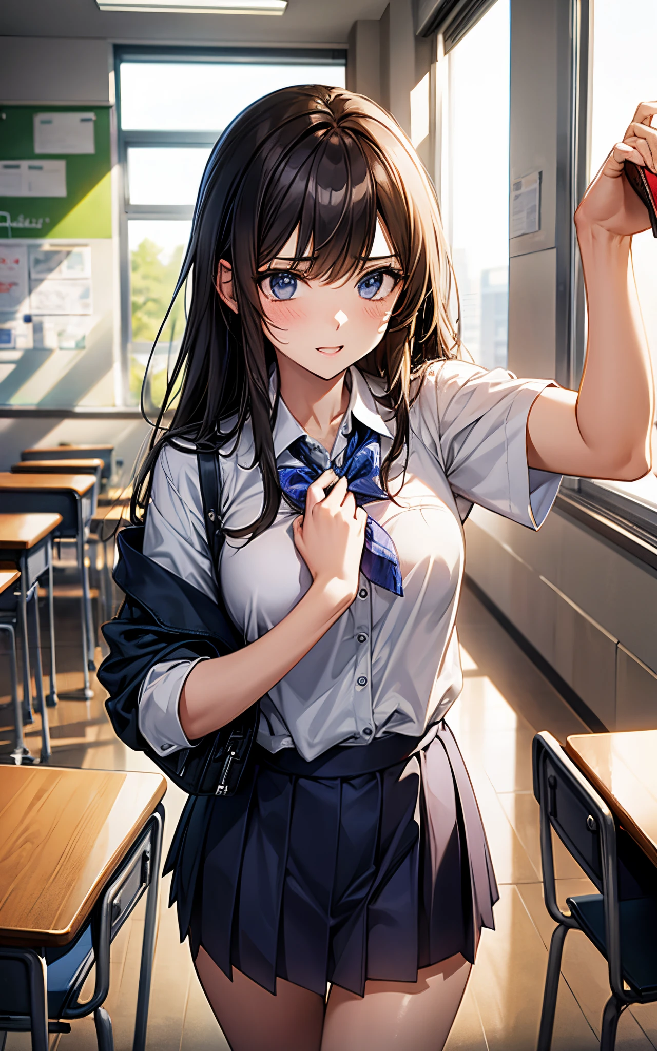 I approach my girlfriend wearing a high school uniform in the classroom.