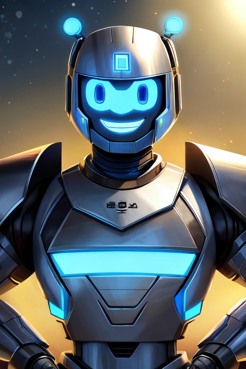 Friendly robot smiling with stoxs written on his chest, stainless armor with blue led detals