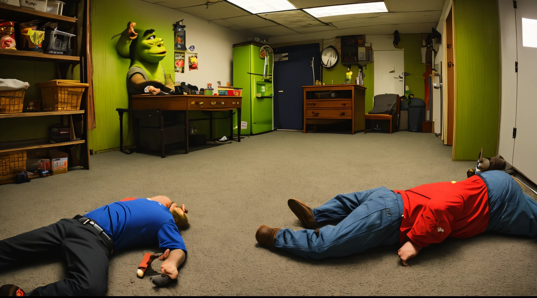 Shrek in the backrooms with Mr. Beast hitting the giddy so hard that it makes him  on the floor