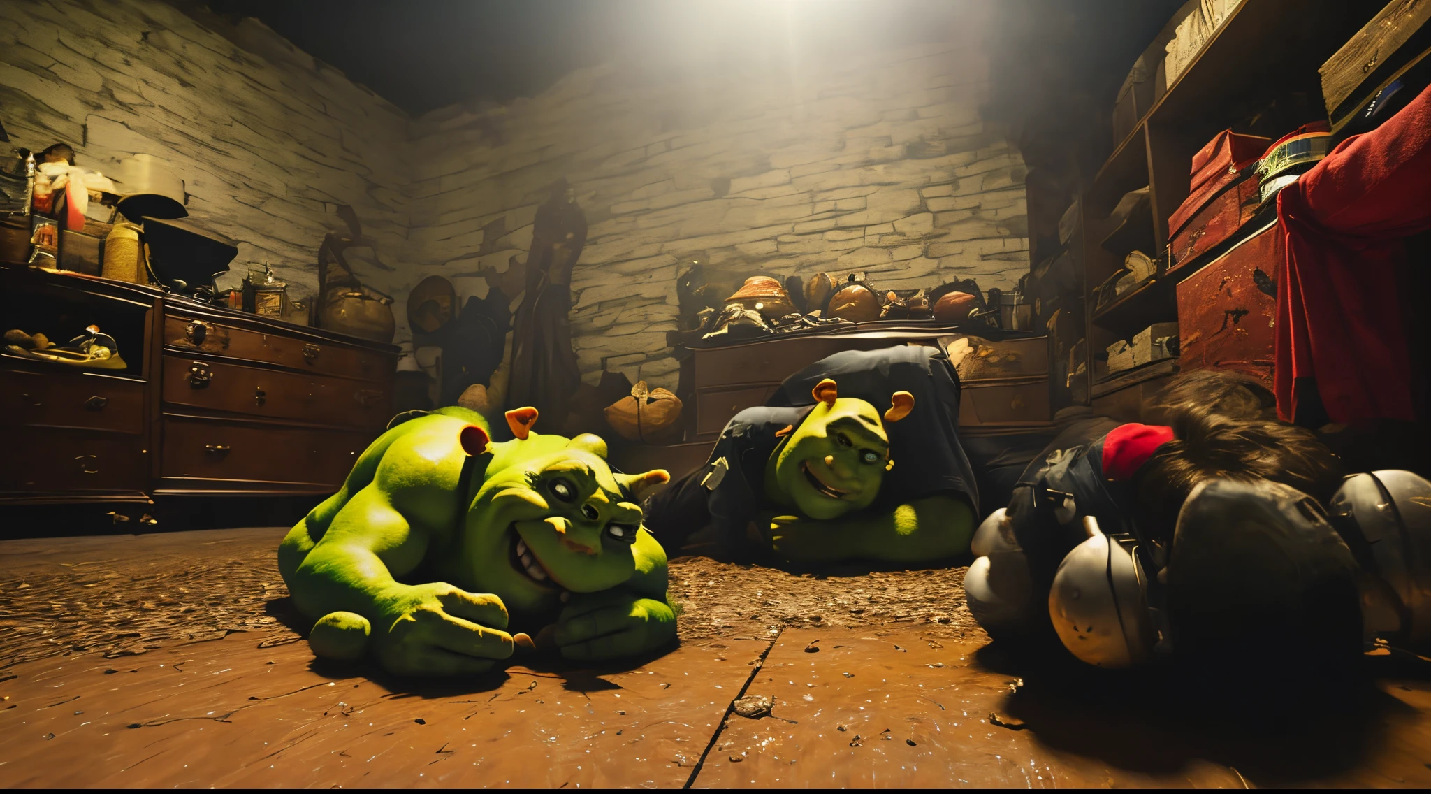 Shrek in the backrooms with Mr. Beast hitting the giddy so hard that it makes him on the floor