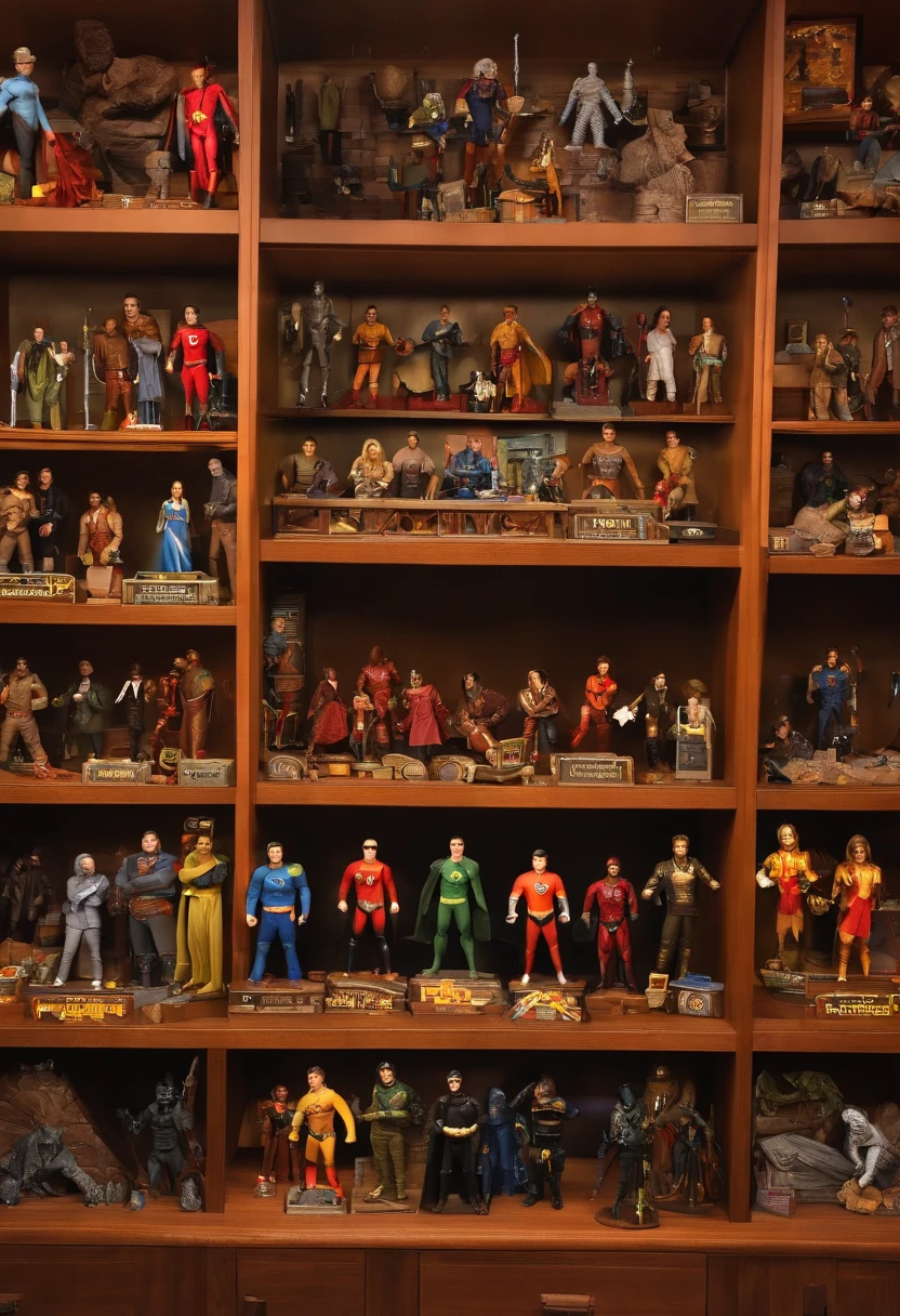 A photo of a meticulously arranged collection of comic books and action figures on display,The Big Bang Theory TV Show,Sheldon Cooper, male