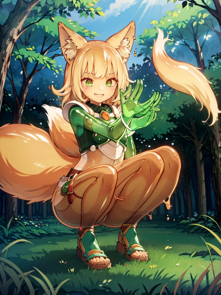 HDR, Excellent quality, 1. Slug Girl, in armor, white transparent body, transparent skin, translucent body,  Foxtail, short tail, One Tail, Squatting pose, with a beautiful face,  ssmile, woods