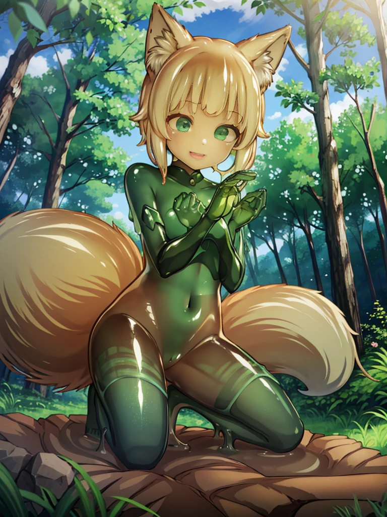 HDR, Excellent quality, 1. Slug Girl, in armor, white transparent body, transparent skin, translucent body,  Foxtail, short tail, One Tail, Squatting pose, with a beautiful face,  ssmile, woods