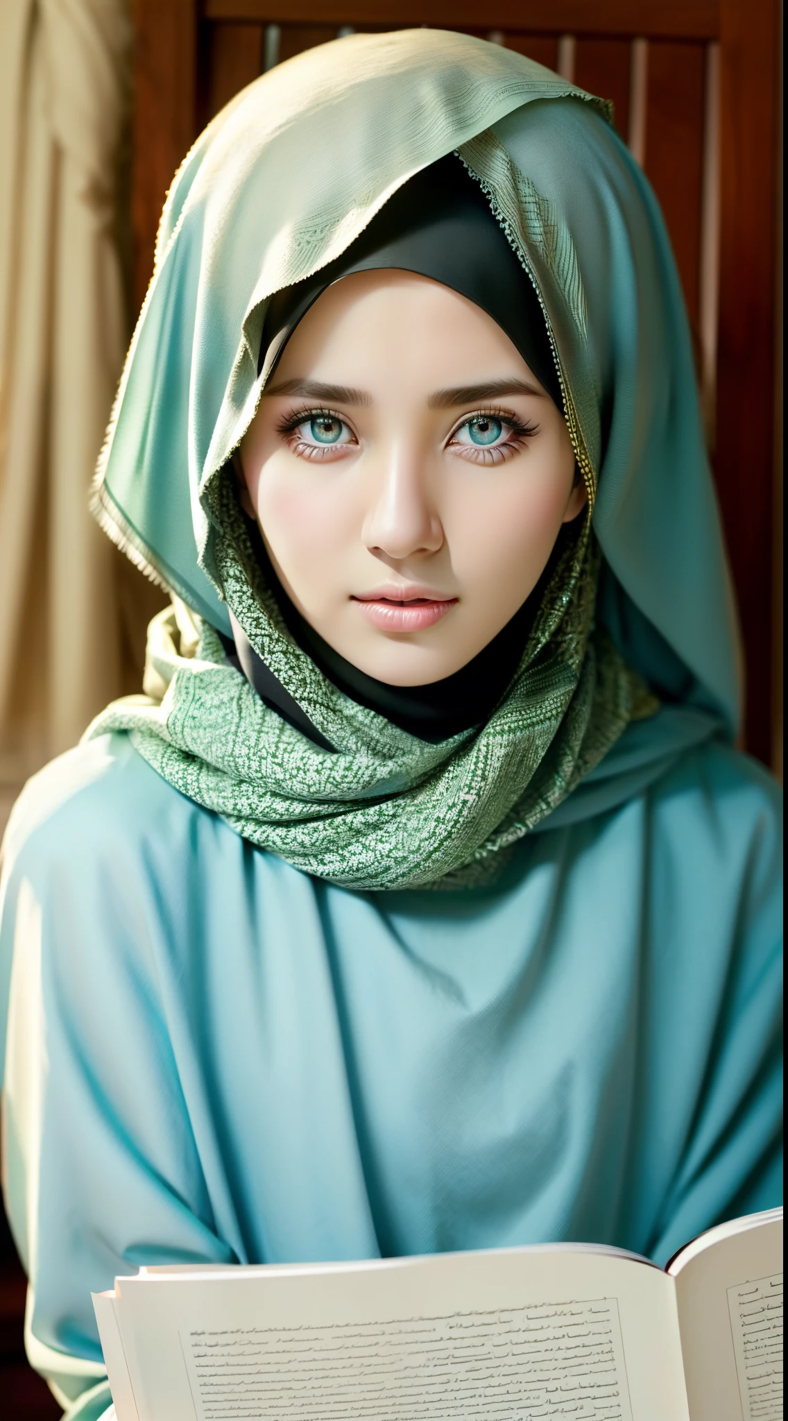 1girl, solo, beautiful face, high detailed realistic eyes, double eyelids, high detailed realistic pupils, (upon body from head to waist:1.36), (wearing hijab:1.37), (moslem headscarf:1.37), reading glasses, sitting alone on a long chair, amazing mosque park background, taj mahal, best quality, masterpiece, highres, black and white moslem female dress, Beautiful face, (upon body from head to waist:1.35), tyndall effect, photorealistic, dark studio, two tone lighting, 8k uhd, dslr, soft lighting, high quality, volumetric lighting, candid, Photograph, high resolution, 4k, 8k, Bokeh, (hyperrealistic girl), (illustration), (high resolution), (extremely detailed), (best illustration), (beautiful detailed eyes), (best quality), (ultra-detailed), (masterpiece), (wallpaper), (photorealistic), (natural light), (rim lighting), (detailed face), (high detailed realistic skin face texture), (anatomically correct), (heterochromic eyes), (detailed eyes), (sparkling eyes), (dynamic pose), (hair completely covered by the hijab:1.35), looking to viewer
