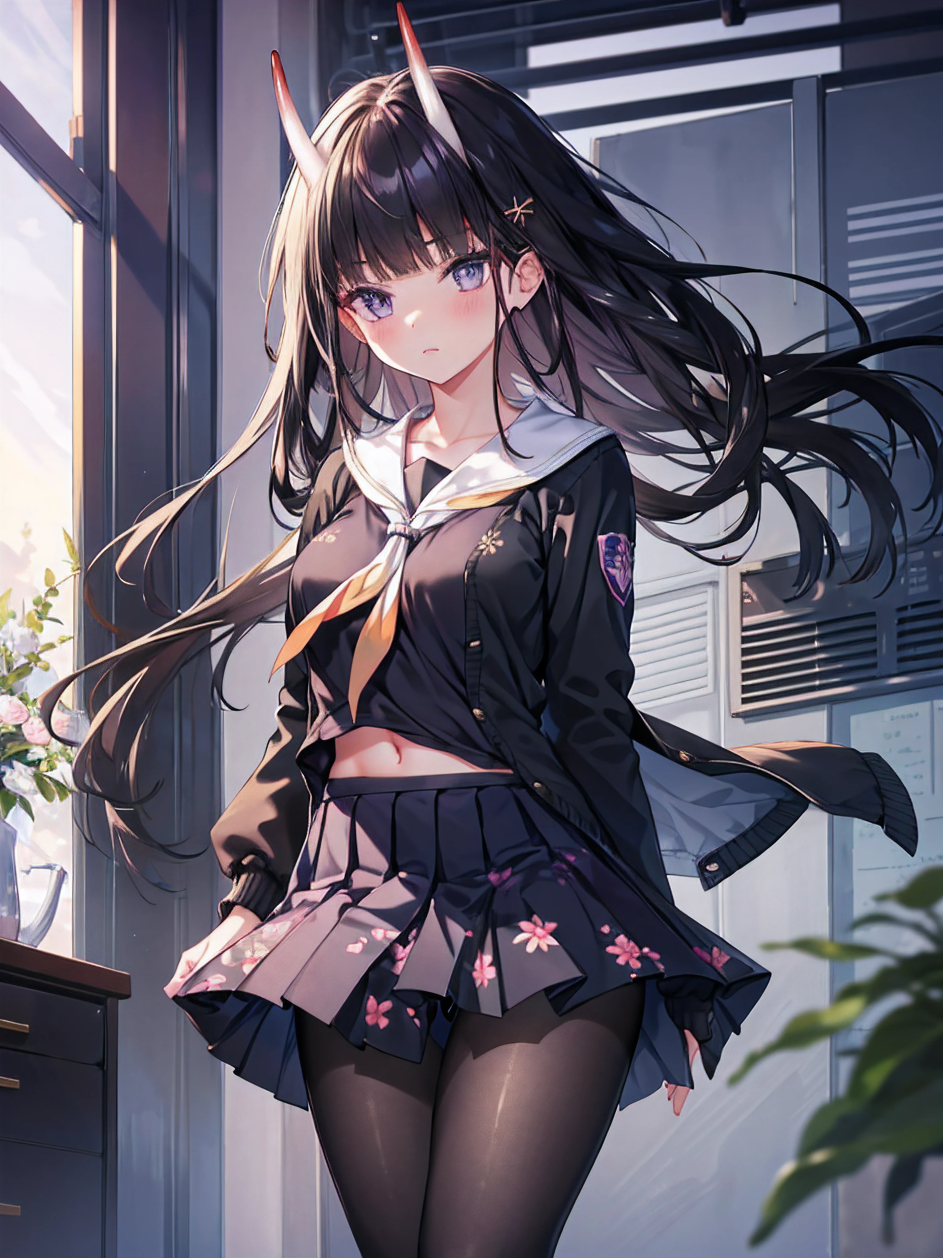 masterpiece, best quality, 1girl, solo, long hair, looking at viewer, skirt, black hair, school uniform, purple eyes, pantyhose, pleated skirt, horns, serafuku, cardigan, oni horns, open cardigan, black panty, floral lace undies, cameltoe, show panties, miniskirt