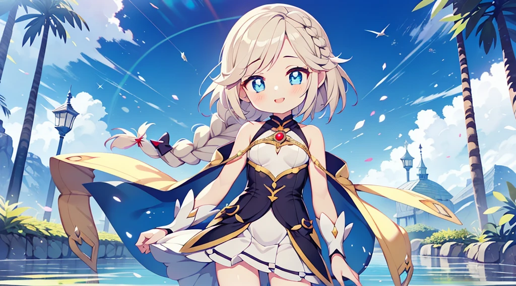 (1girl em:1.2), (sozinho:1.2), (masutepiece:0.5), NFFSW、Shaders、Trabalho Texturizado Brilhante、olhos ultra-detalhados、pupila ultra-intrincada nos olhos、qualidade superior、Magical girl clothes、(medium hair)、(single braid:1.2)、(cabelos azuis claros)、(Um olhar cheio de si mesmo:1.2)、(um sorriso sereno:1.1)、(fechou um olho)、Traje Azul、Magical girl boots、Hierarchical exit、Mama muito grande、You can see the valley、Ombro para fora、No Straps、mangas separadas、standing image、(contrapposto:1.3)、de baixo、Jogo CG Wind、The magical element of water、