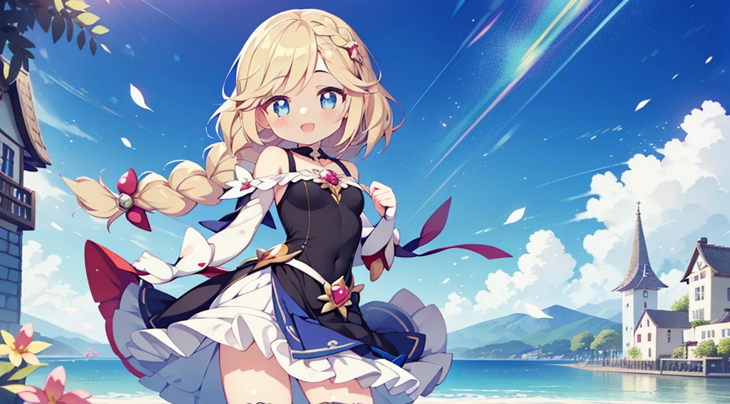 (1girl em:1.2), (sozinho:1.2), (masutepiece:0.5), NFFSW、Shaders、Trabalho Texturizado Brilhante、olhos ultra-detalhados、pupila ultra-intrincada nos olhos、qualidade superior、Magical girl clothes、(medium hair)、(single braid:1.2)、(cabelos azuis claros)、(Um olhar cheio de si mesmo:1.2)、(um sorriso sereno:1.1)、(fechou um olho)、Traje Azul、Magical girl boots、Hierarchical exit、Mama muito grande、You can see the valley、Ombro para fora、No Straps、mangas separadas、standing image、(contrapposto:1.3)、de baixo、Jogo CG Wind、The magical element of water、