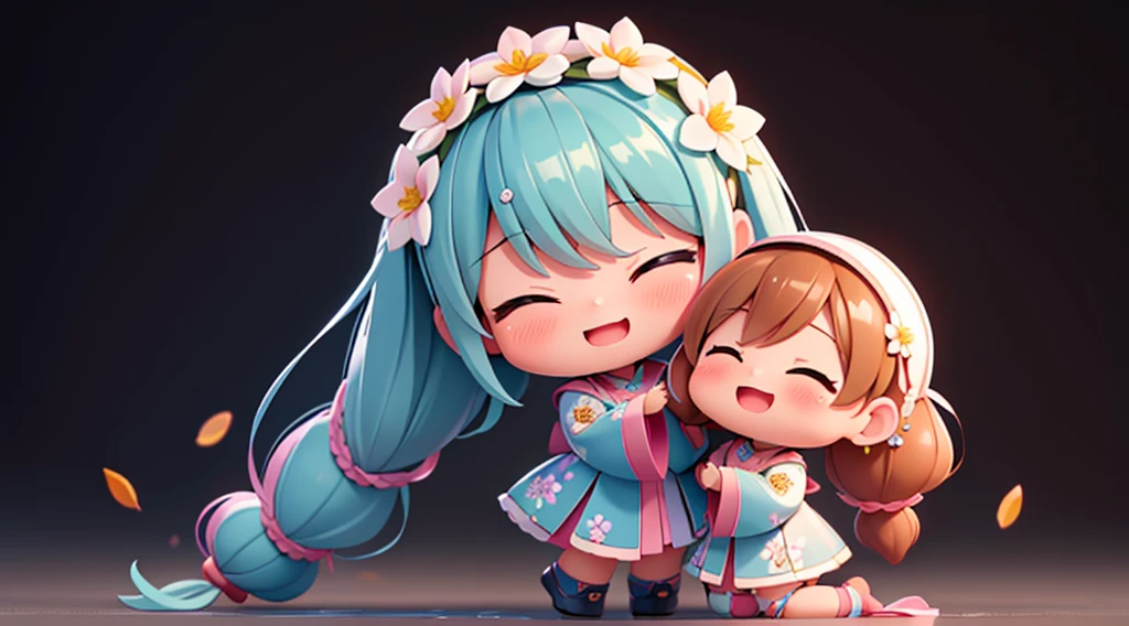 fotoRealstic、Two dolls standing in front of the painting(Nendroid)、um sorriso、Water droplets on the cheeks、em uma pose fofa、aquarela Nendoroid、(High Definition Figure)、Seda iridescente fluindo、para cima do rosto、De olho、vestido floral、There are also flowers in front of the Nendroids、flower petals、season!!: 夏天☀ 🍂