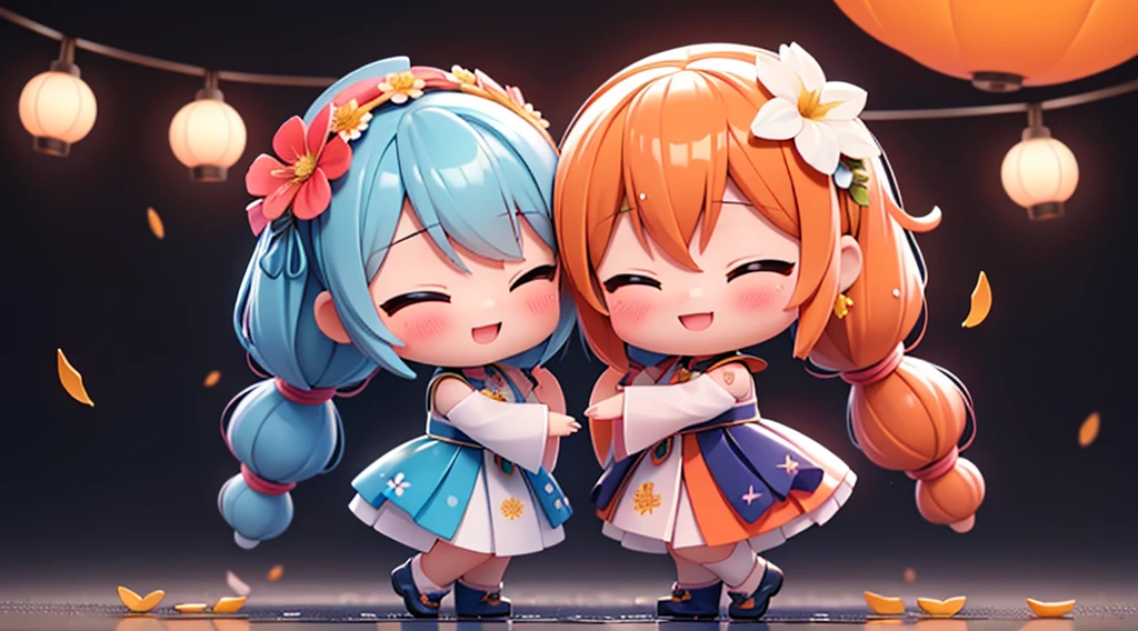 fotoRealstic、Two dolls standing in front of the painting(Nendroid)、um sorriso、Water droplets on the cheeks、em uma pose fofa、aquarela Nendoroid、(High Definition Figure)、Seda iridescente fluindo、para cima do rosto、De olho、vestido floral、There are also flowers in front of the Nendroids、flower petals、season!!: 夏天☀ 🍂