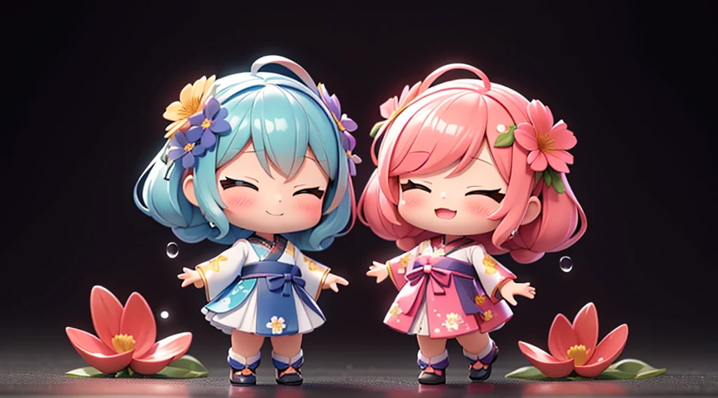 fotoRealstic、Two dolls standing in front of the painting(Nendroid)、um sorriso、Water droplets on the cheeks、em uma pose fofa、aquarela Nendoroid、(High Definition Figure)、Seda iridescente fluindo、para cima do rosto、De olho、vestido floral、There are also flowers in front of the Nendroids、flower petals、season!!: 夏天☀ 🍂