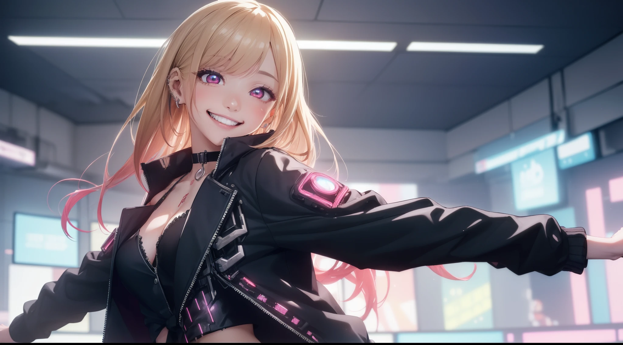 (1girl:1.5), marinkitagawa, marin kitagawa, blonde hair, choker, ear piercing, earrings, long hair, piercing, (red eyes:1.5), straight hair, swept bangs, black necktie, (cyberpunk outfit jacket:1.5), cyberpunk neon skirt, sleeves rolled up, cleavage, indoors, (dance club:1.5), looking at viewer, (masterpiece:1.2), best quality, high resolution, unity 8k wallpaper, (illustration:0.8), (beautiful detailed eyes:1.6), extremely detailed face, perfect lighting, extremely detailed CG, (perfect hands, perfect anatomy), (dancing, (smiling:1.5))