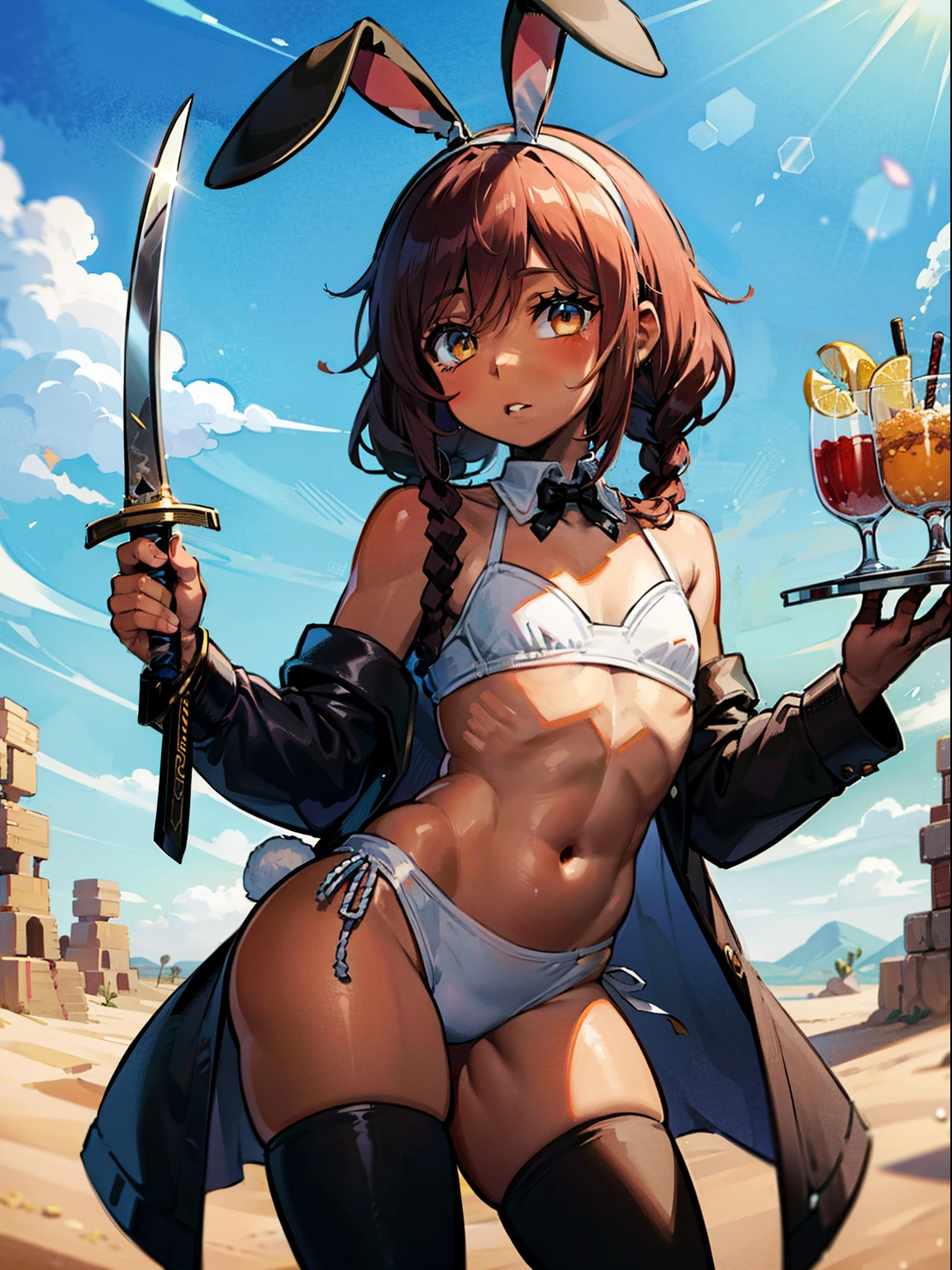 black hair, dancer, hairband, thigh highs, navel, bunny ears, flat chest, brown skin, rabbit boy, cowboy shot, looking at viewer, desert, twin braids, midriff, holding a sword,