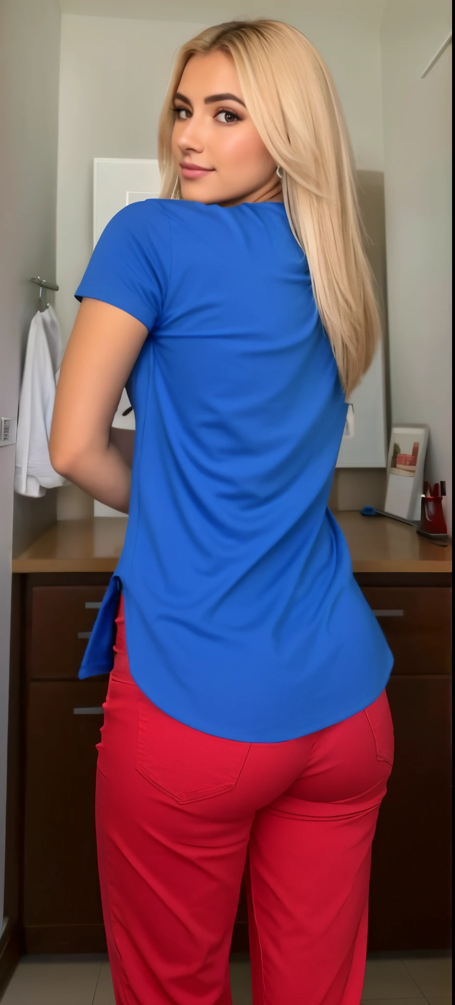 Araffe in red pants and blue shirt is taking a selfie, tshirt azul apertada, view of the back, camisa azul, voltar - ver, from the back, tiro pelas costas, Back view, arms behind back, cabelo comprido e camisa vermelha, camisa apertada, Backview, seen from back, Back view!!, back view also, from the back