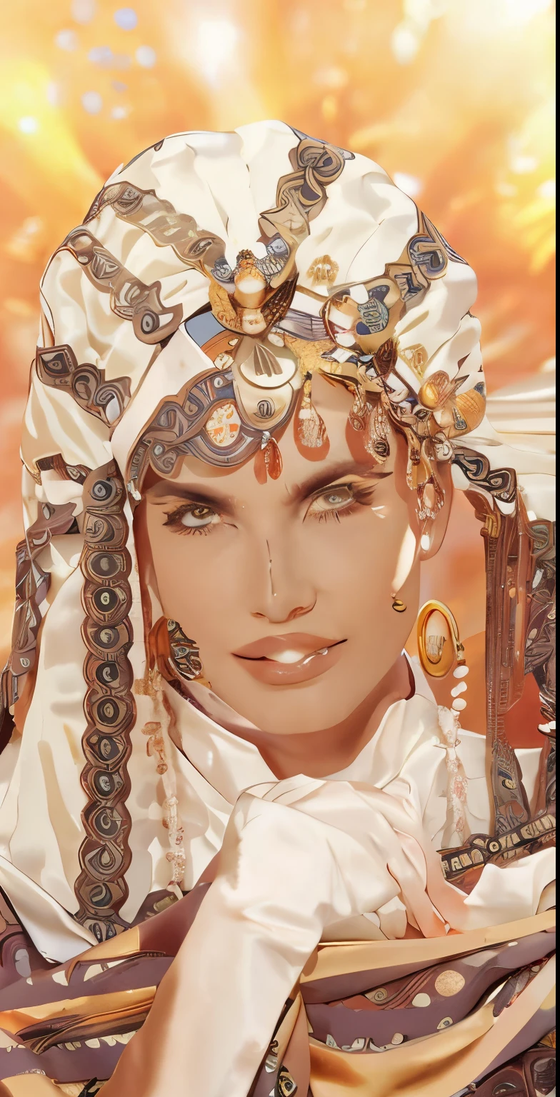 a close up of a person wearing a headdress and golden eyes