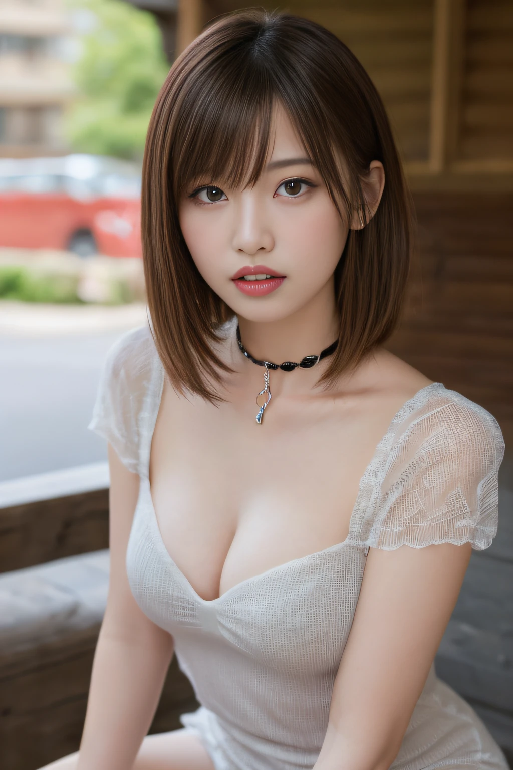 masutepiece, Best Quality, One girl, (Beautiful Girl:1.3), (:1.2), Very fine eye definition, (Symmetrical eyes:1.3), NSFW, (cute little、With net-like slits、Highly detailed mini dress with open neckline、:1.3), Spread legs、Beautiful breasts, Brown eyes, Parted bangs, Brown hair, Upper teeth、background outdoor blur、Chain Choker、I can see panties.、