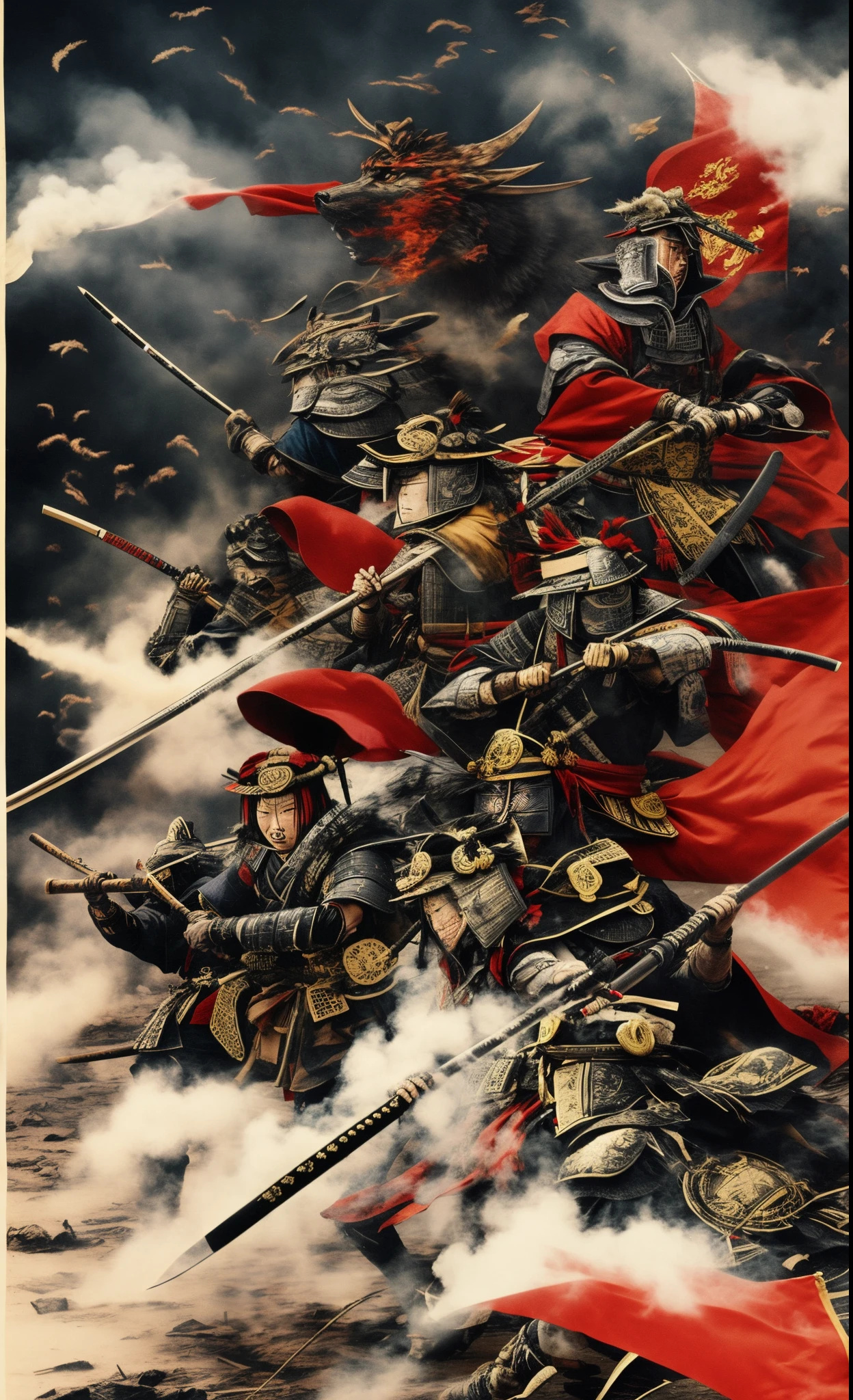Ikusa Warring states period samurais battle field Wolf smoke flag tattered armor murderous eyes