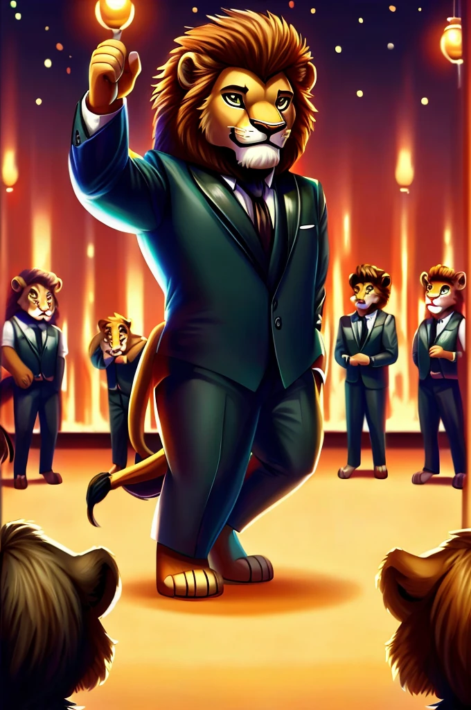 lion in men&#39;s clothing dancing with various types of animals at a Saturday night Fever themed party, draw the lion with the style of the film&#39;s main actor, and his friends watching him dance.