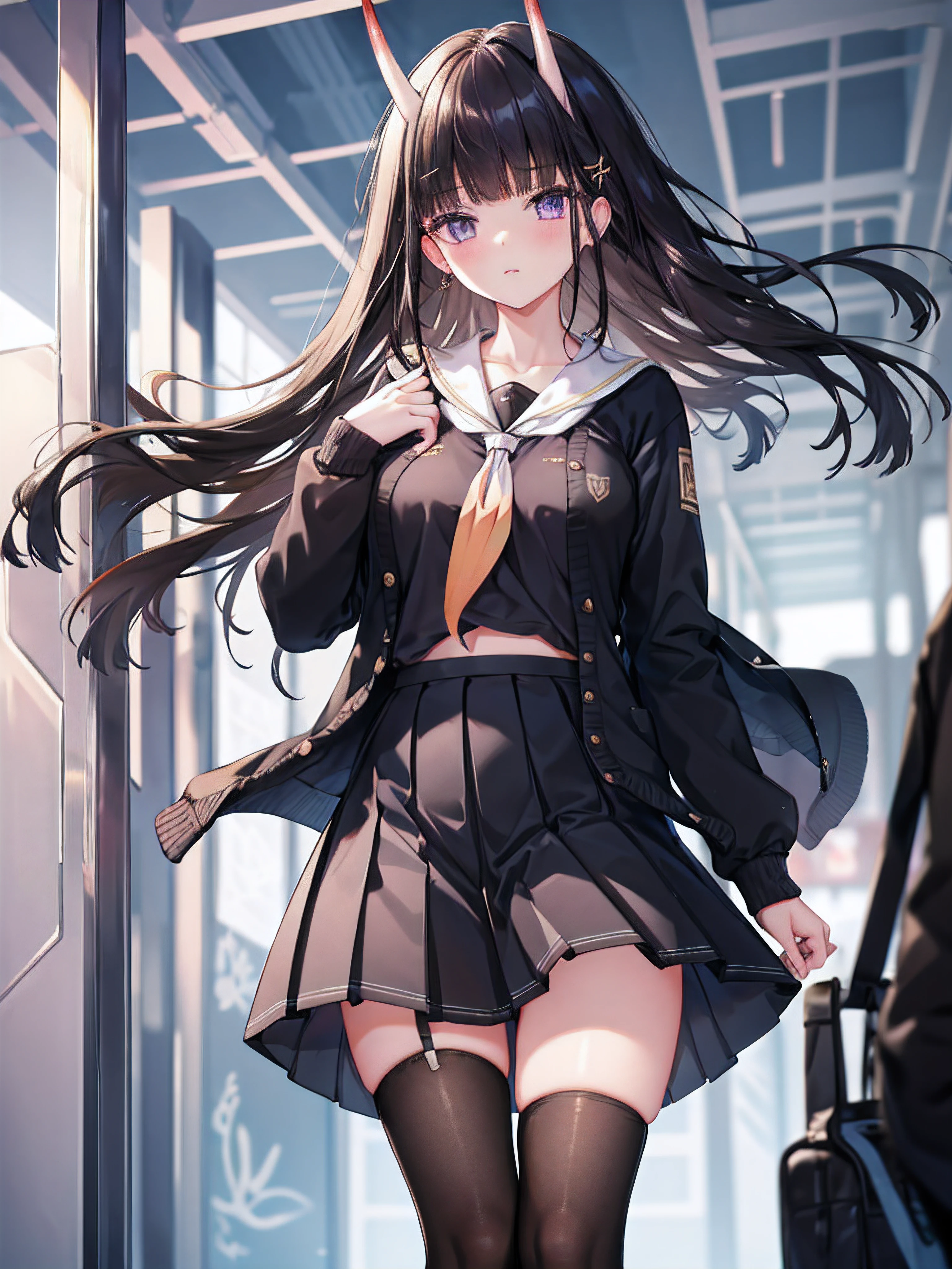 masterpiece, best quality, 1girl, solo, long hair, looking at viewer, skirt, black hair, school uniform, purple eyes, pantyhose, pleated skirt, horns, serafuku, cardigan, oni horns, open cardigan, black panty, floral lace undies, cameltoe, show panties, standing sexily, open legs, spread legs, miniskirt, lifting skirt, (lift skirt), holding skirt, inside the train, miniskirt